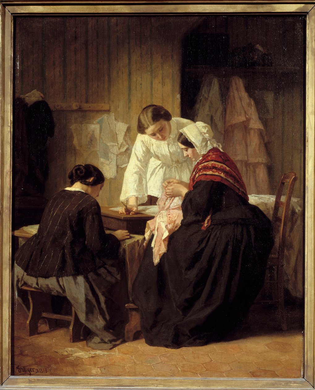 Trzy kobiety do szycia. Obraz Julesa Trayera (1824 - 1909) autorstwa Jules Trayer