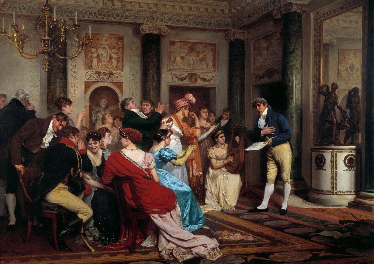 Romans jest modny Czytanie kawałka teatru w paryskim salonie. (Salon Litteraire) Obraz Julesa Wormsa (1832-1914) XIX-wieczny Paryż, Palais du Luxembourg autorstwa Jules Worms