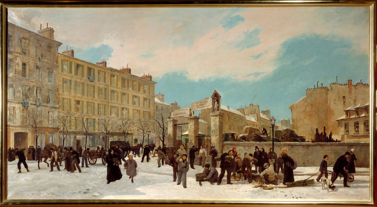 Drewniana konstrukcja do spalenia bulwaru Montparnasse w styczniu 1871 r. - Scena uliczna w Paryżu - Obraz Julesa Didiera (1831-1892) i Jacquesa Guiauda (1811-1876) autorstwa Jules and Guiaud Jacques  Didier