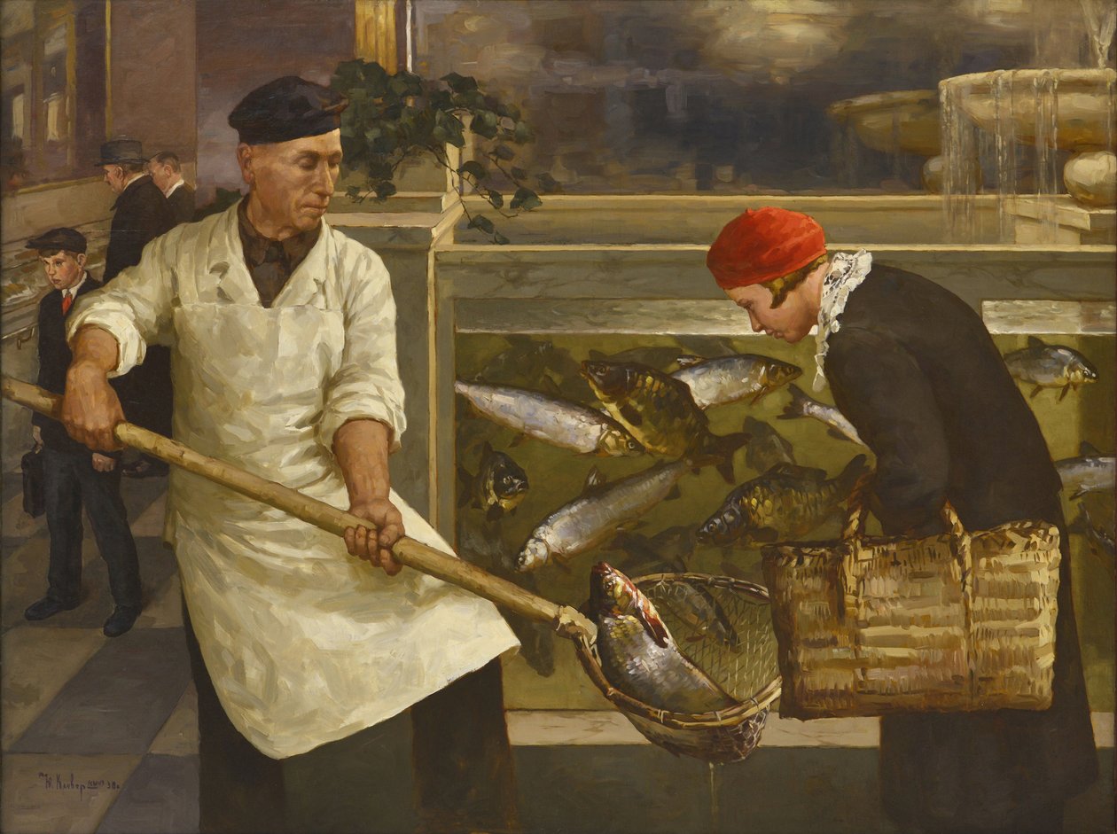W sklepie rybnym par Klever, Julia Juliewicza Młodszego (1882-1942). Olej na płótnie, rozmiar : 130x176 autorstwa Juli Julievich the Younger Klever