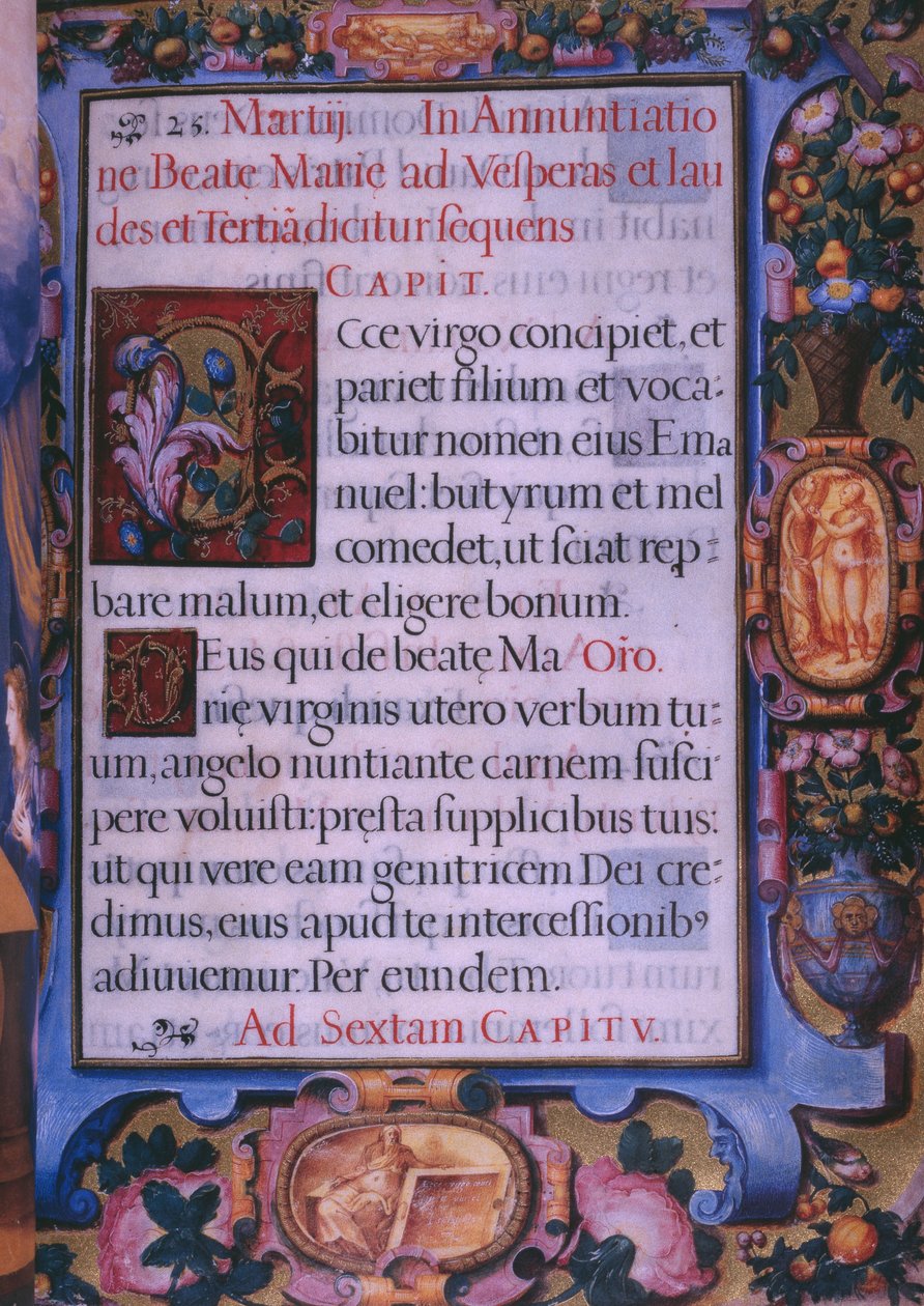 Fol.6r, pełna strona 5. rozdziału Zwiastowania, z faksymile brewiarza króla Hiszpanii Filipa II, 1569 (pergamin) autorstwa Julian and Leon, Andres de Fuente del Saz