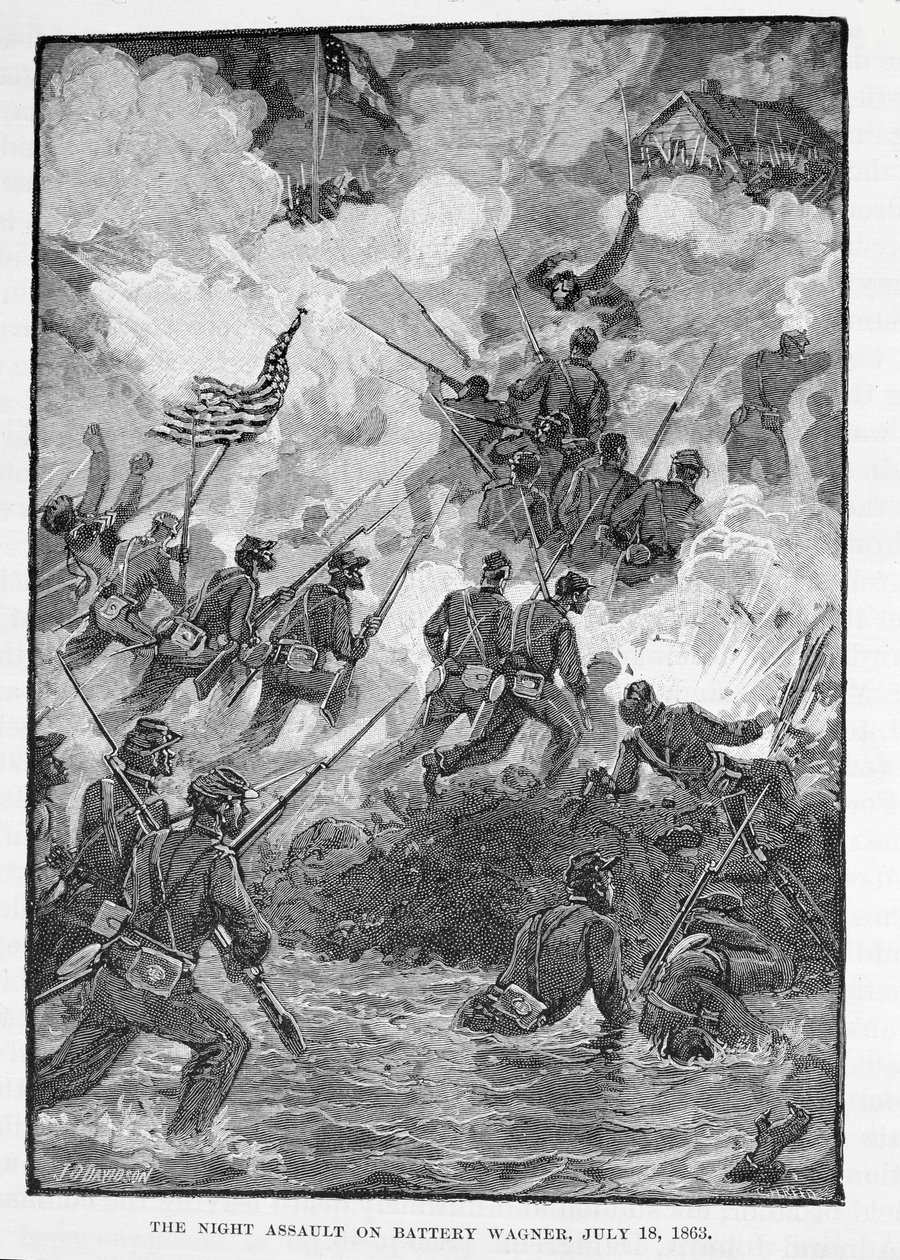 The Night Assault on Battery Wagner, 18 lipca 1863, grawerowane przez C. H. Reeda, ilustracja z „Battles and Leaders of the Civil War”, pod redakcją Roberta Underwooda Johnsona i Clarence Clough Buela (engr autorstwa Julian Oliver Davidson