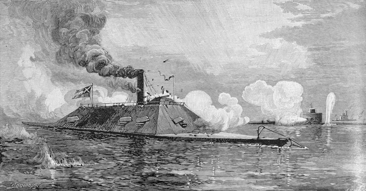 Monitor „Weehawken” rejestrujący odzianego w żelazo barana Konfederacji „Atlanta” (formalnie blokujący „Fingal”) Wassaw Sound, Georgia, 17 czerwca 1863 r., grawerowany przez Allena Irwina, ilustracja z „Bat autorstwa Julian Oliver Davidson