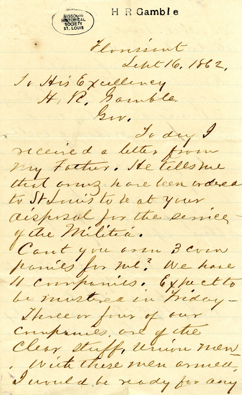 List podpisany Julian Bates, Florissant, do Jego Ekscelencji HR Gamble, 16 września 1862 autorstwa Julian Bates