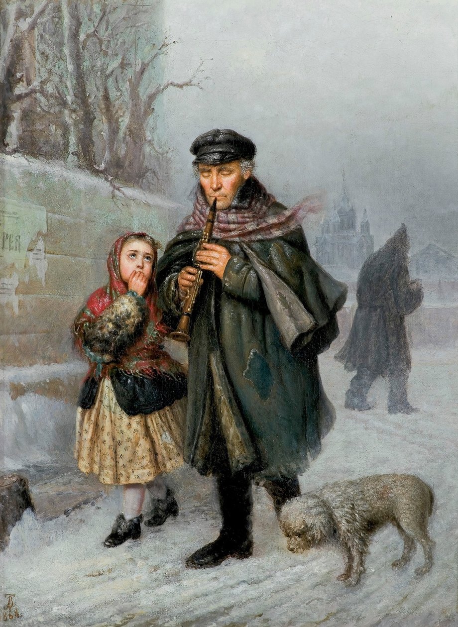Klarnecista - Scena z ulicy Petersburga (Żebrak-klarnecista z dziewczynką i psem). autorstwa Julian Bończa Tomaszewski