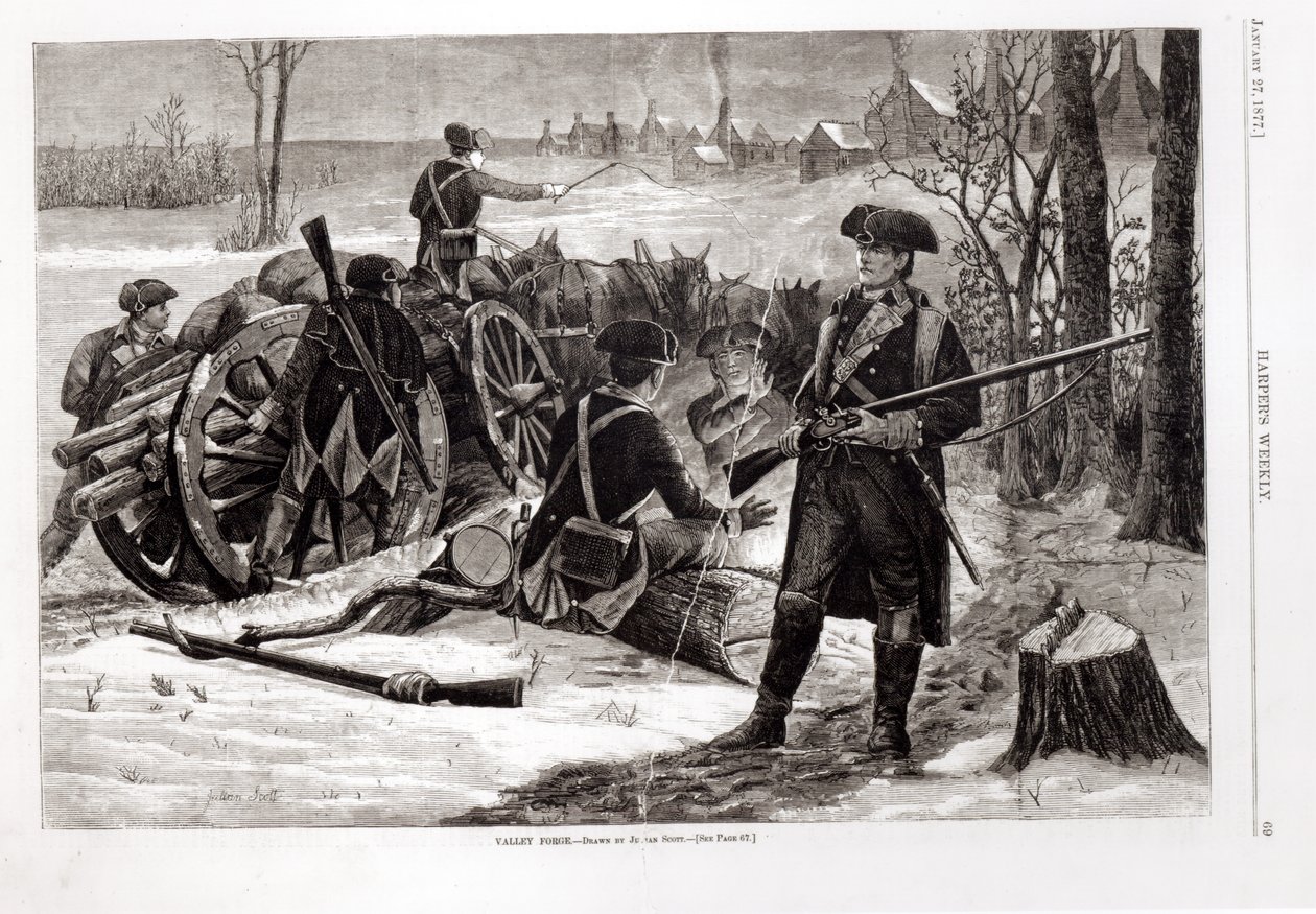 Scena zimowa w obozie armii kontynentalnej w Valley Forge, Pensylwania, 1780, z „Harper