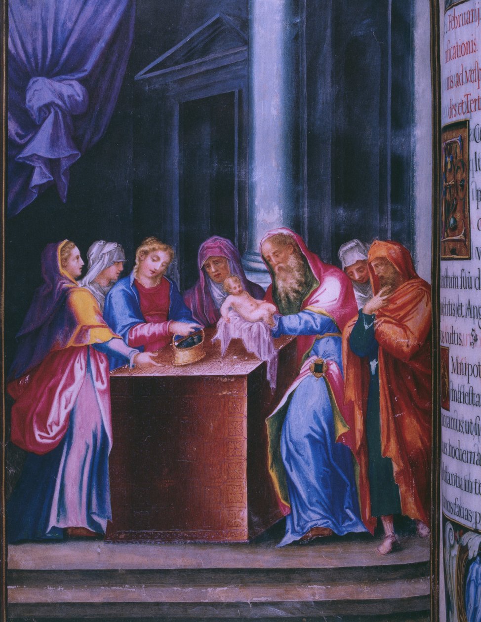 Prezentacja w świątyni, z faksymile brewiarza króla hiszpańskiego Filipa II, 1569 (pergamin) autorstwa Julian and Leon, Andres de Fuente del Saz