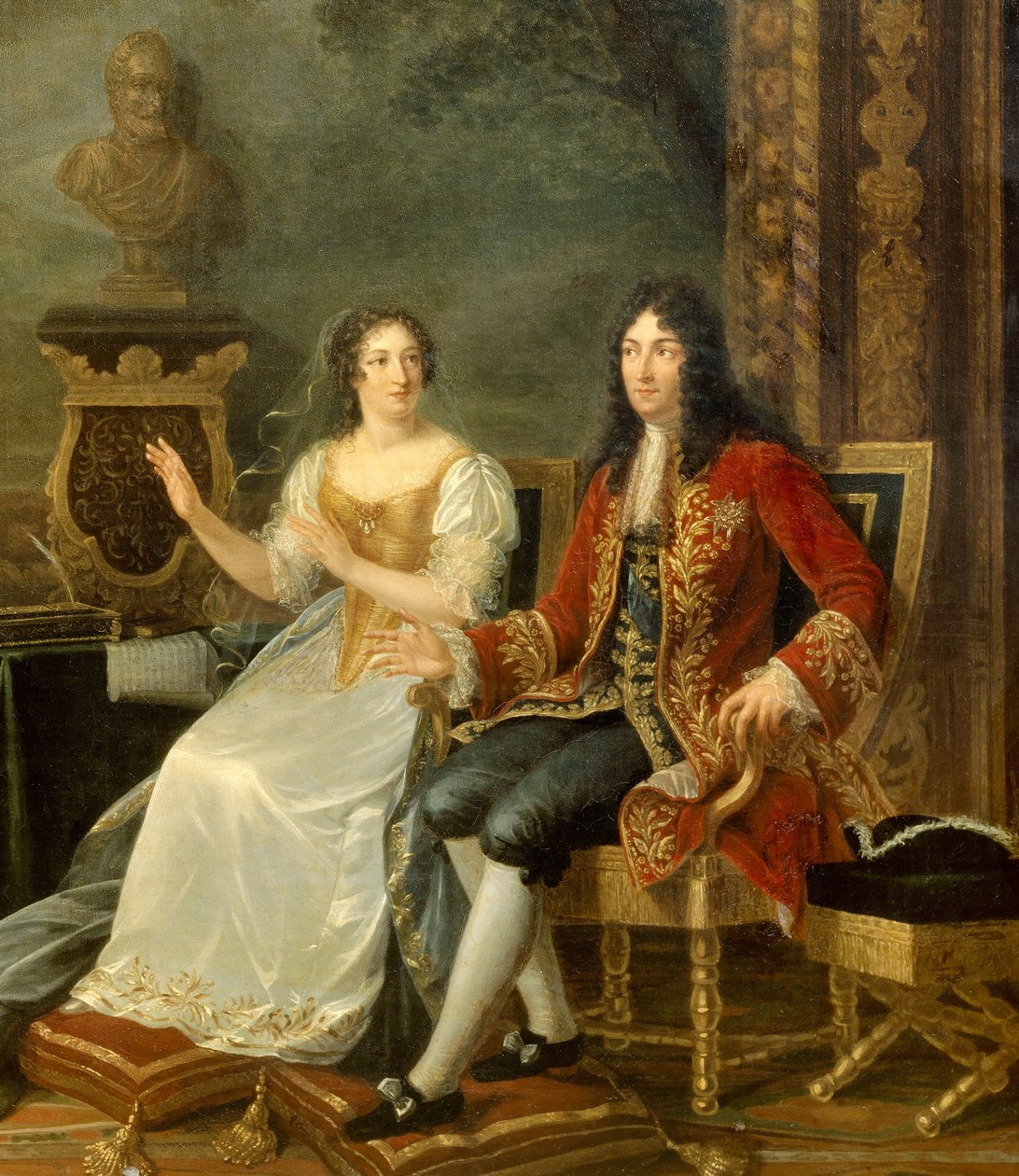 Król Francji Ludwik XIV z Madame de Maintenon. Fragment obrazu „Jean Racine (1639-1699) czytający „Athalie” przed Ludwikiem XIV (1638-1715) i Francoise d