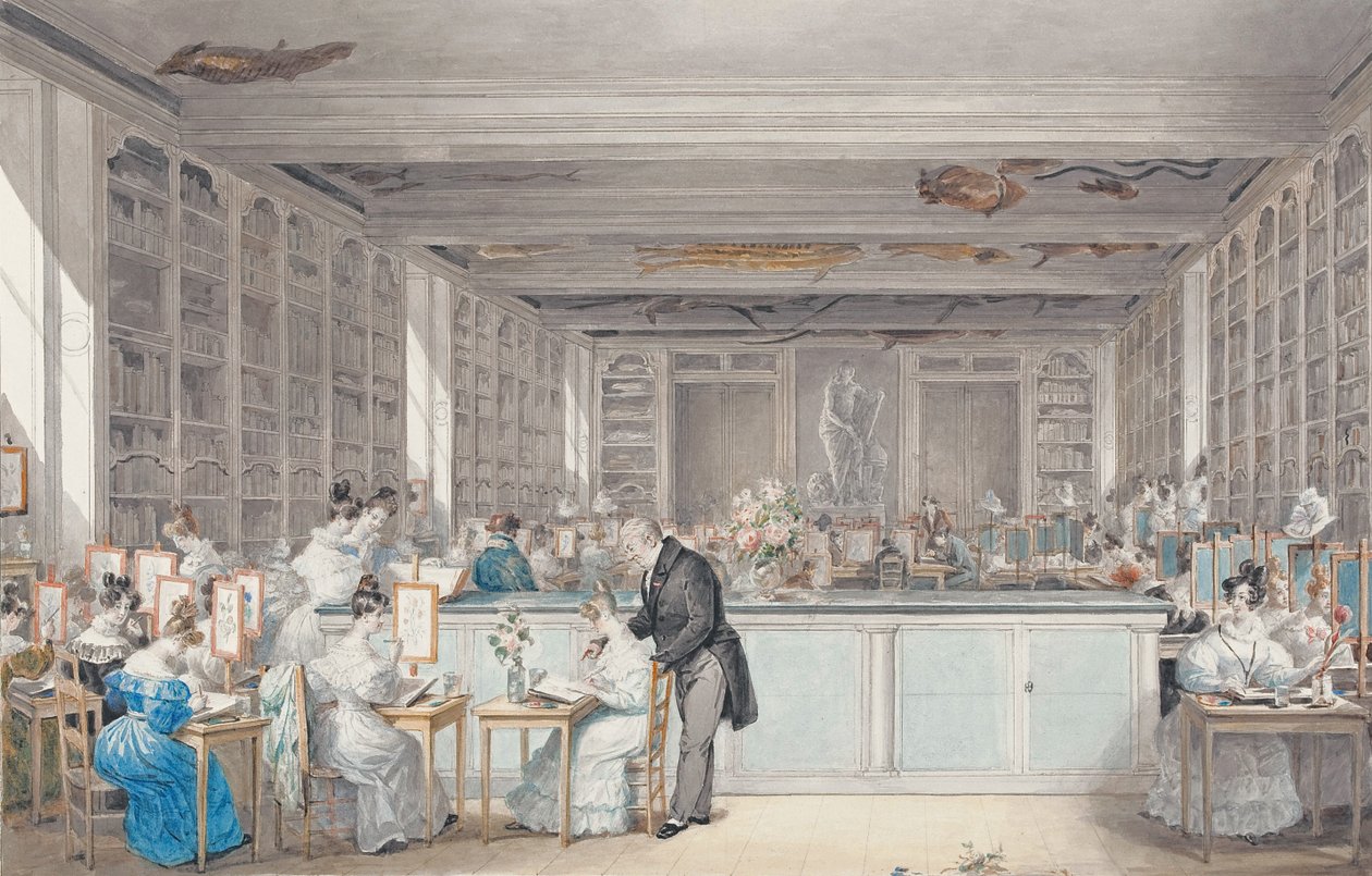 Szkoła Rysunku Botanicznego Pierre-Josepha Redouté w Salle Buffon w Jardin des Plantes, 1830 (wc i grafit na papierze) autorstwa Julie Ribault