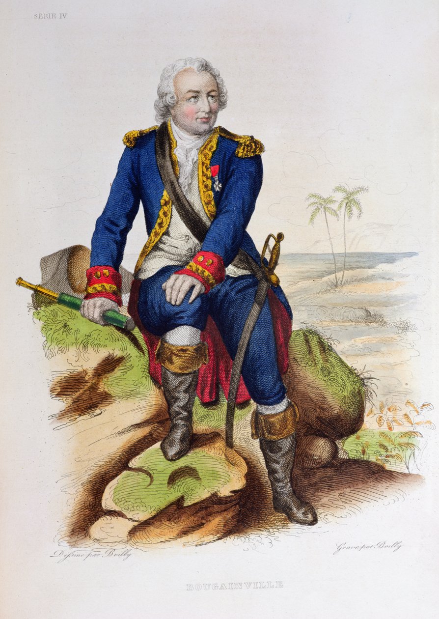 Louis Antoine de Bougainville (1729-1811) siedzący na skale, ilustracja z „Le Plutarque Francais” Edouarda Mennecheta, Paryż, 1835 (kolorowa grawerunek) autorstwa Julien Leopold Boilly
