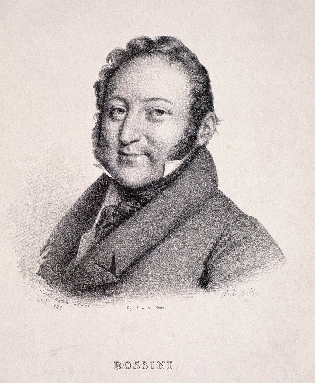 Portret Gioacchino Rossiniego (1792-1868) wyryty przez złoczyńcę, 1823 autorstwa Julien Leopold Boilly