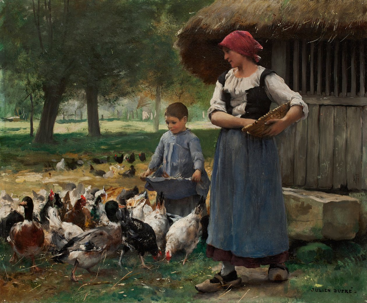 Farm Girl karmiąca kurczaki (olej na płótnie) autorstwa Julien Dupre
