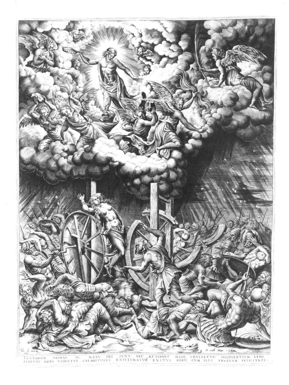 Niebo i piekło, rytowane przez Hieronima Koguta (ok. 1510-70) 1565 (rycina) autorstwa Julio de Mantua