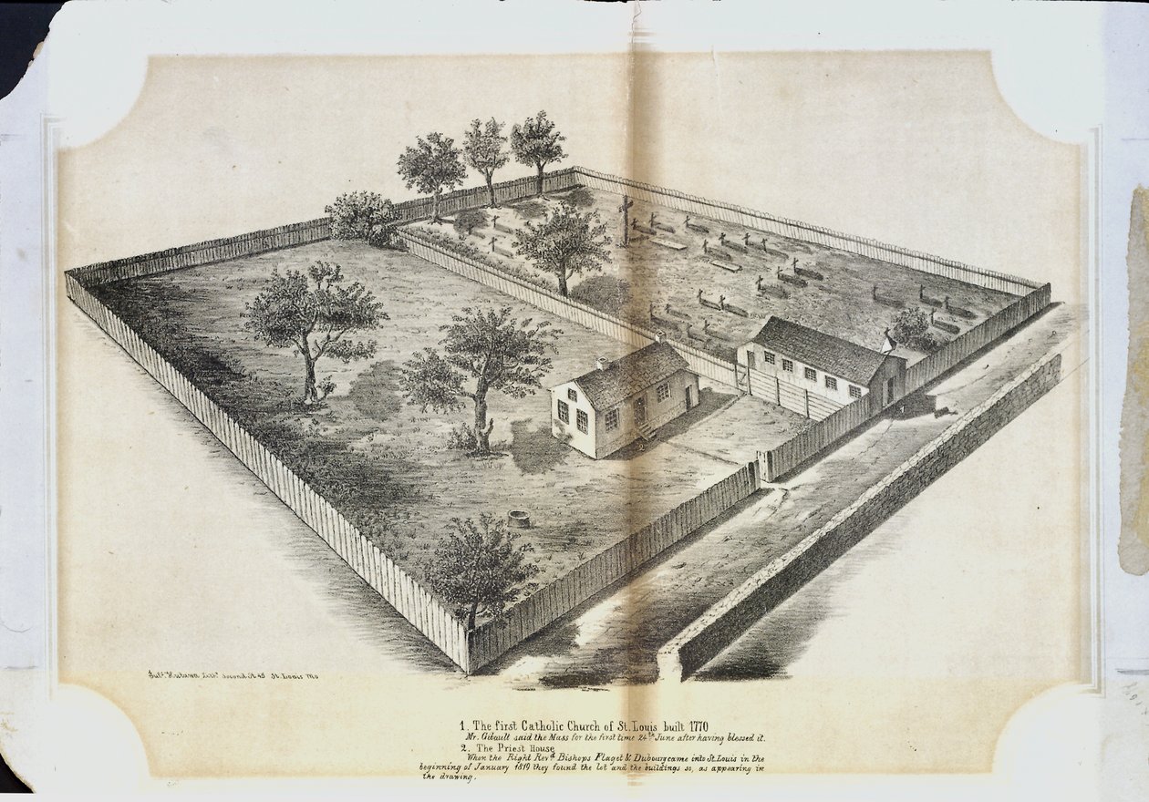 Pierwszy kościół katolicki w St. Louis wybudowano w 1770 r. Pan Gibault odprawił po raz pierwszy mszę 24 czerwca po jej poświęceniu autorstwa Julius Hutawa Co.