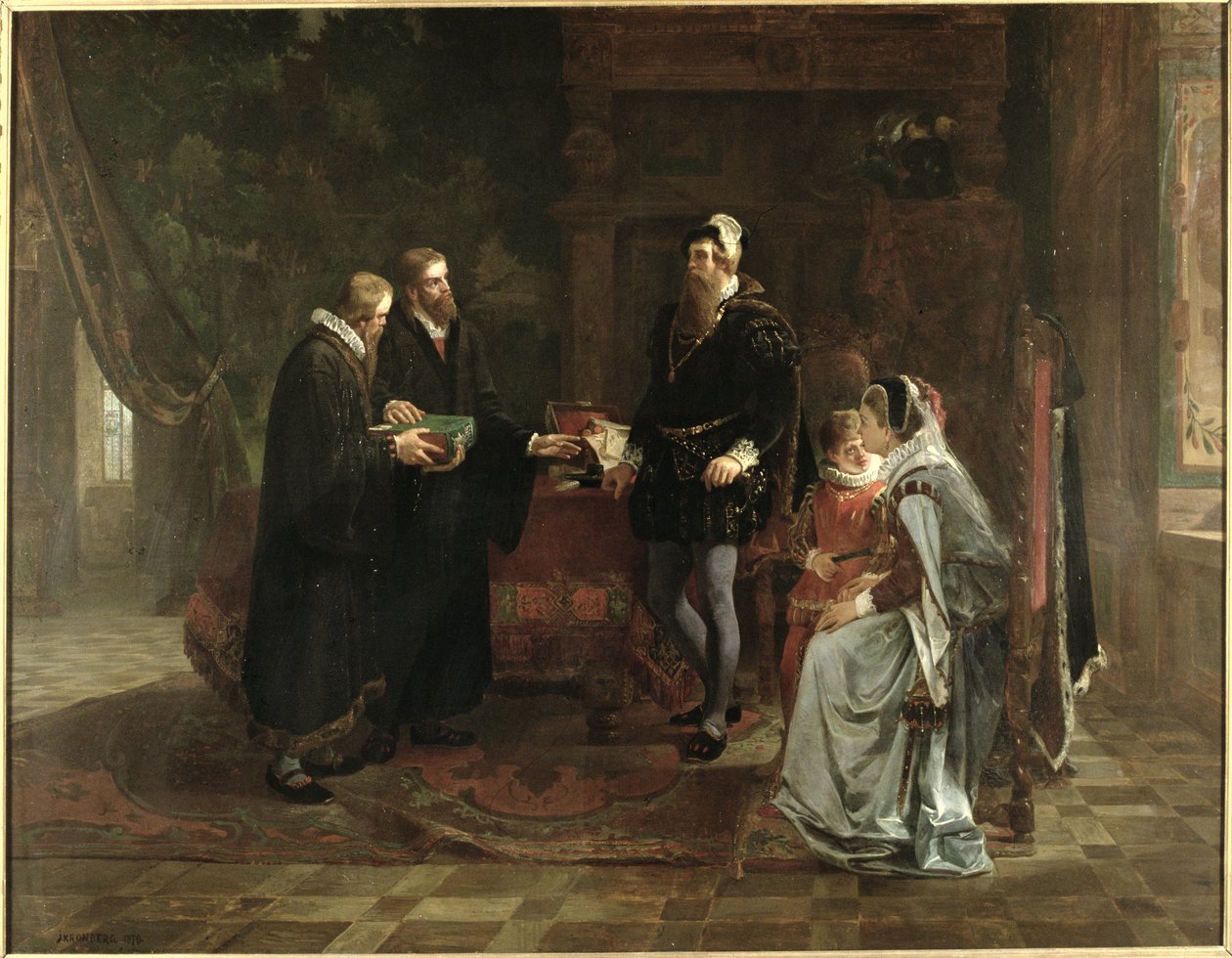 Król Szwecji Gustaw I Waza (ok. 1496-1560) przyjmujący szwedzki przekład Biblii, 1870 r. autorstwa Julius Kronberg