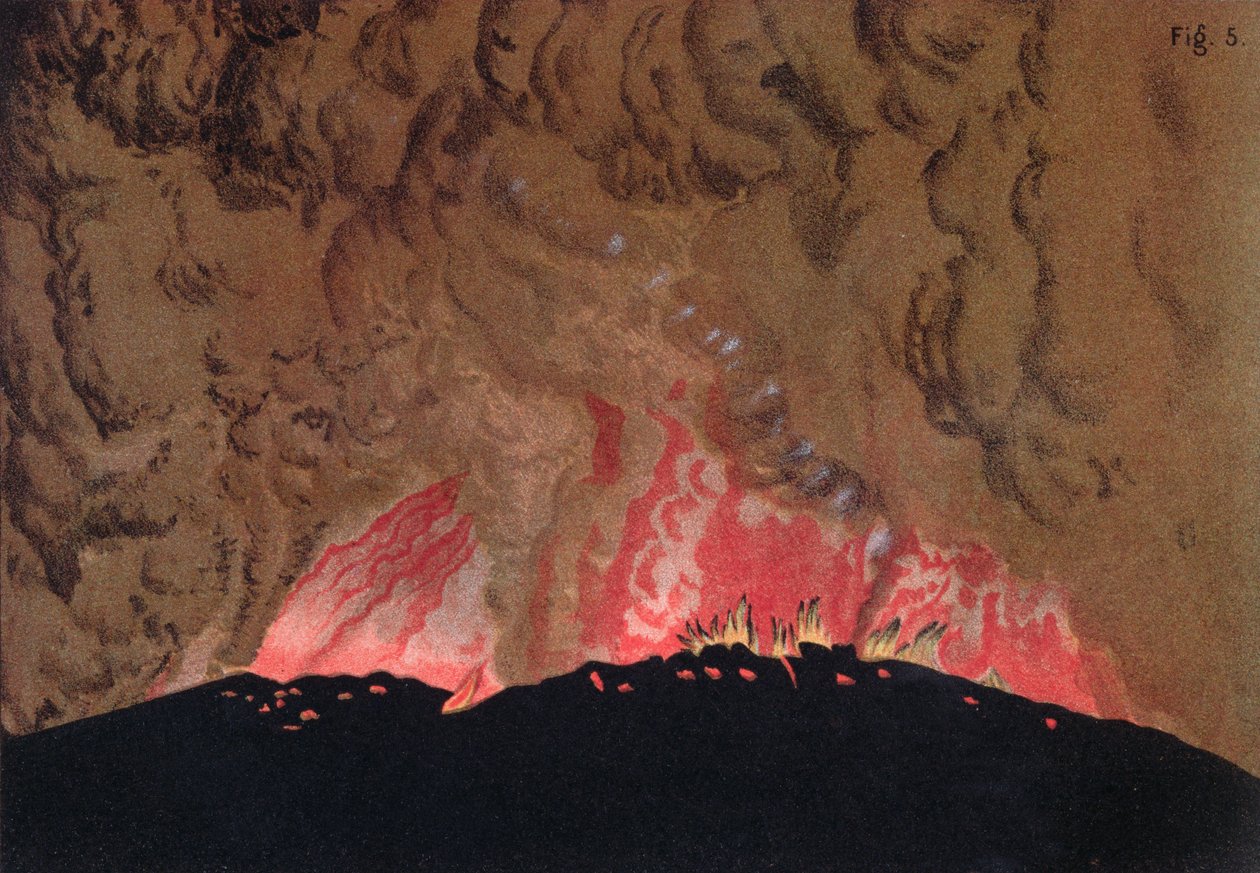 Lawa Aphroessa i Georgios płynie podczas erupcji wulkanu Santorini, ilustracja artysty z Etudes sur les Volcans, rytowana przez Druck i Arnold, 1881 autorstwa Julius or Jules Schmidt