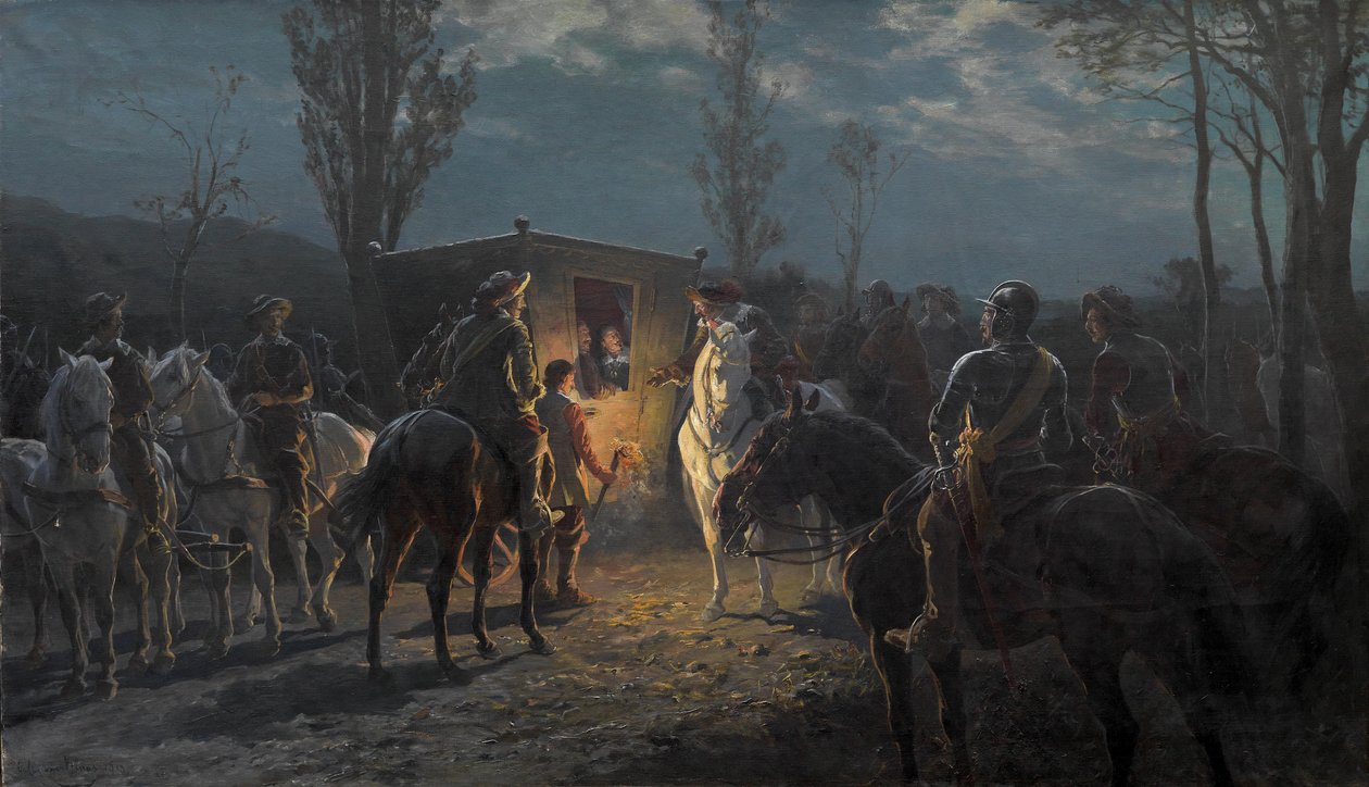 Nocna scena. Konni mężczyźni podtrzymują elegancki powóz autorstwa Julius von Blaas  