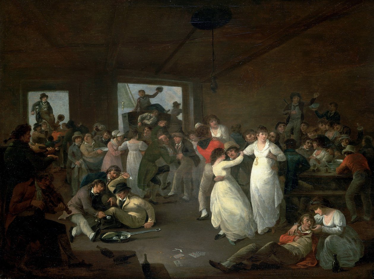 Bombardowanie marynarzy, scena w tawernie w Portsmouth (Anglia). Olej na drewnie autorstwa Julius Caesar Ibbetson