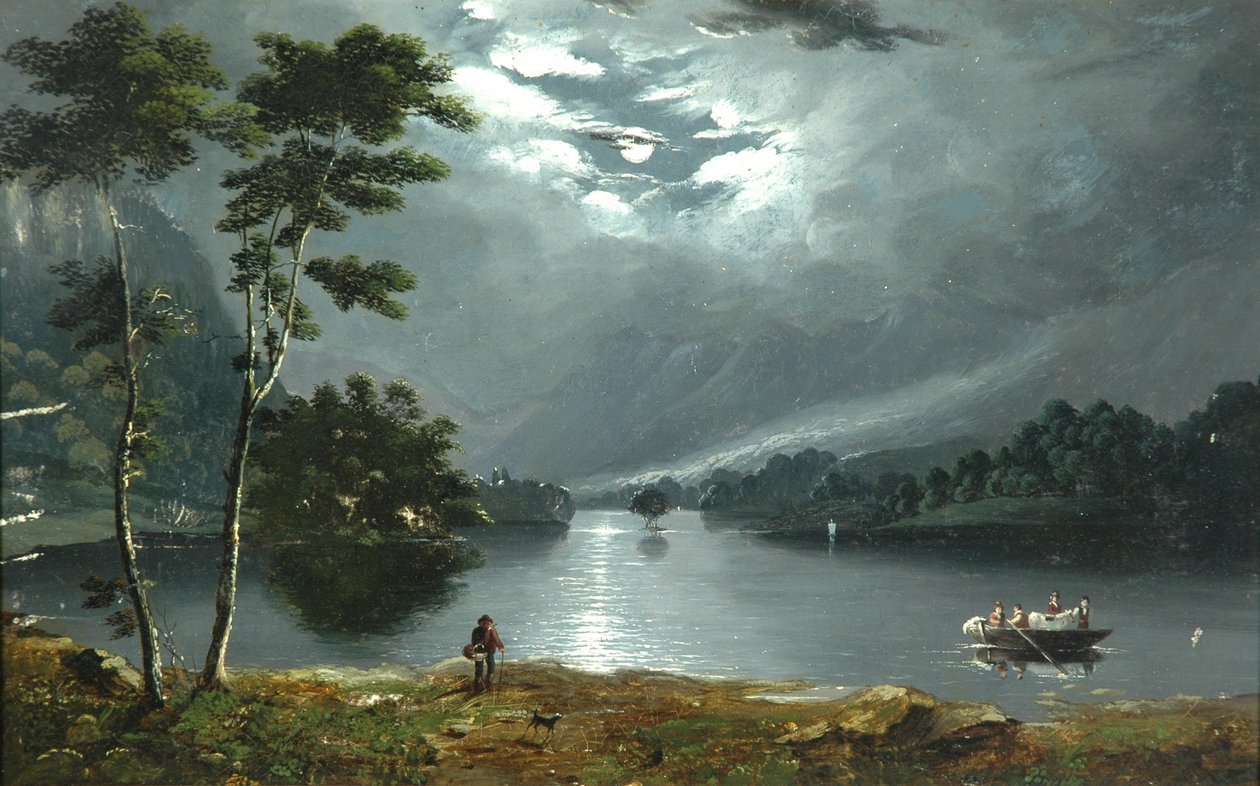 Prom, Windermere, patrząc na północ i jezioro w świetle księżyca autorstwa Julius Caesar Ibbetson