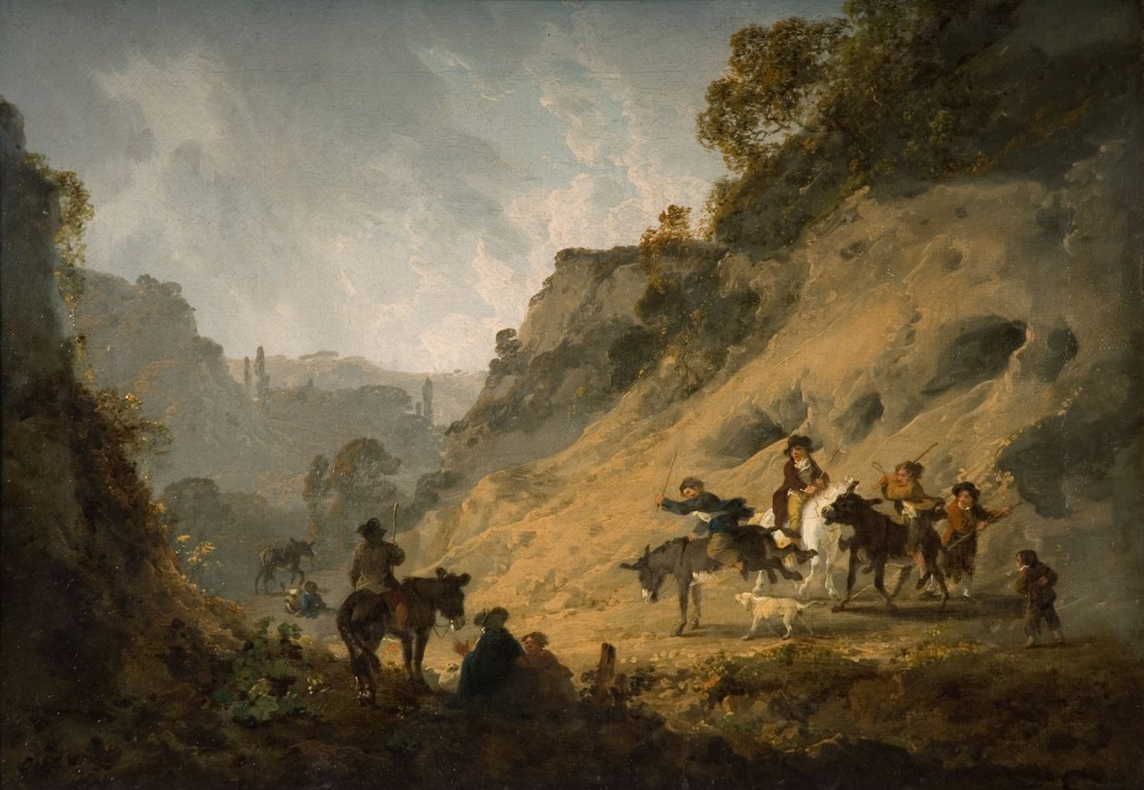 Cyganie z wyścigiem osłów, 1792 autorstwa Julius Caesar Ibbetson