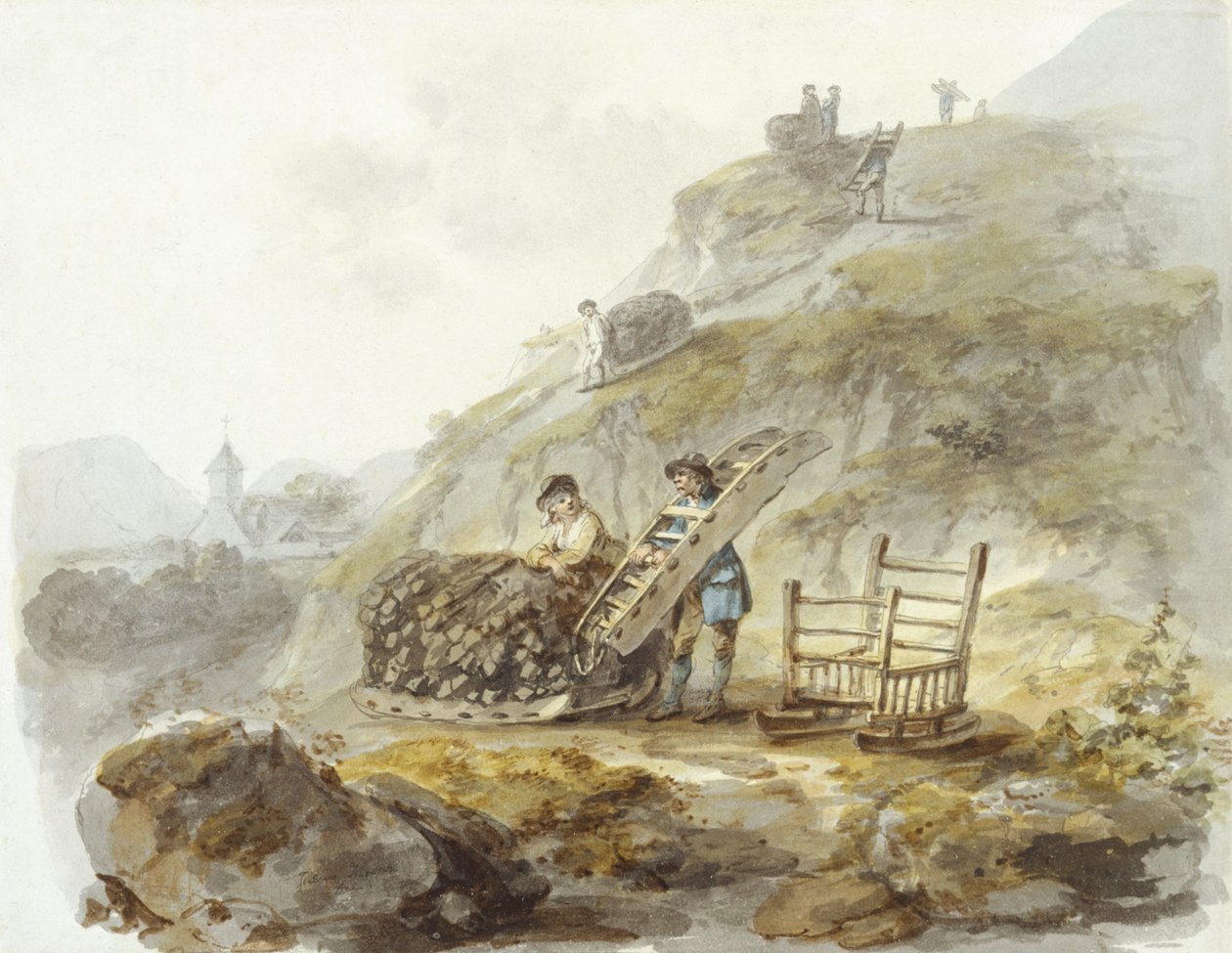 Metoda pozyskiwania torfu ze wzgórz w pobliżu Mallwyd, ok. 1792 (akwarela, tusz i ołówek na papierze) autorstwa Julius Caesar Ibbetson