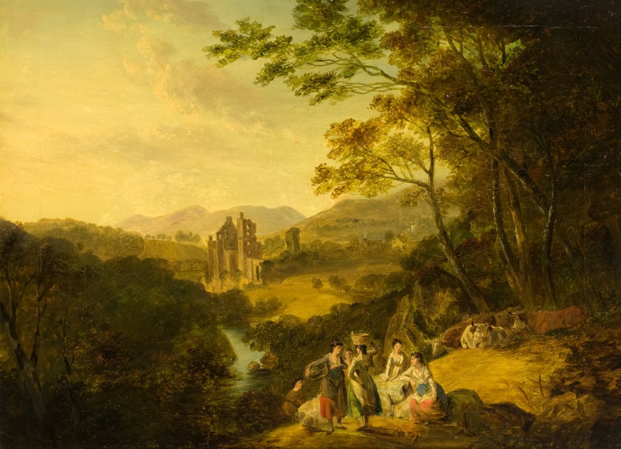 Zamek Rosslyn z Praczkami i Bydłem, ok. 1800 (olej na płótnie) autorstwa Julius Caesar Ibbetson