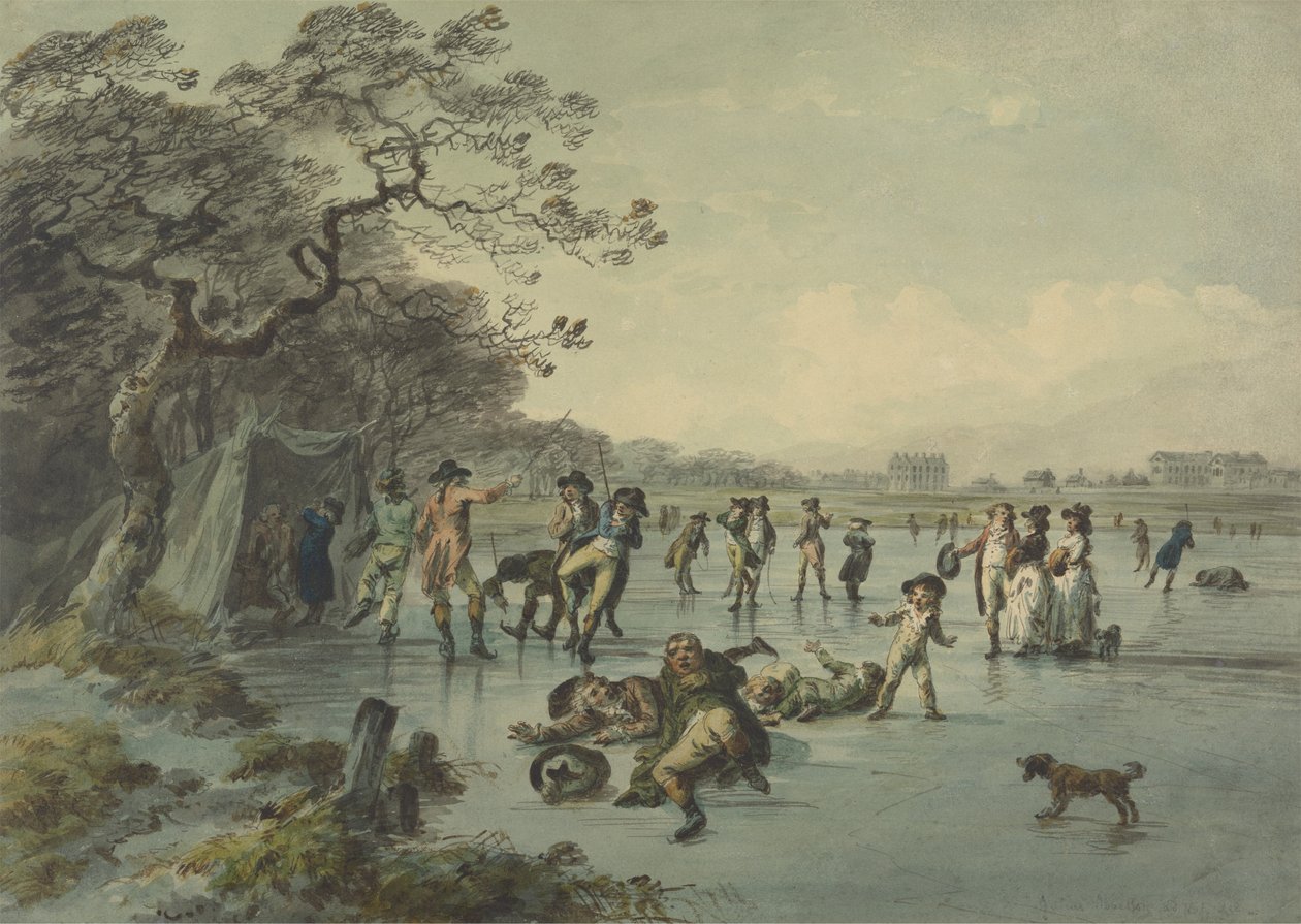 Łyżwiarstwo w Hyde Parku, ok. 1785 (pióro, atrament i toaleta na papierze) autorstwa Julius Caesar Ibbetson
