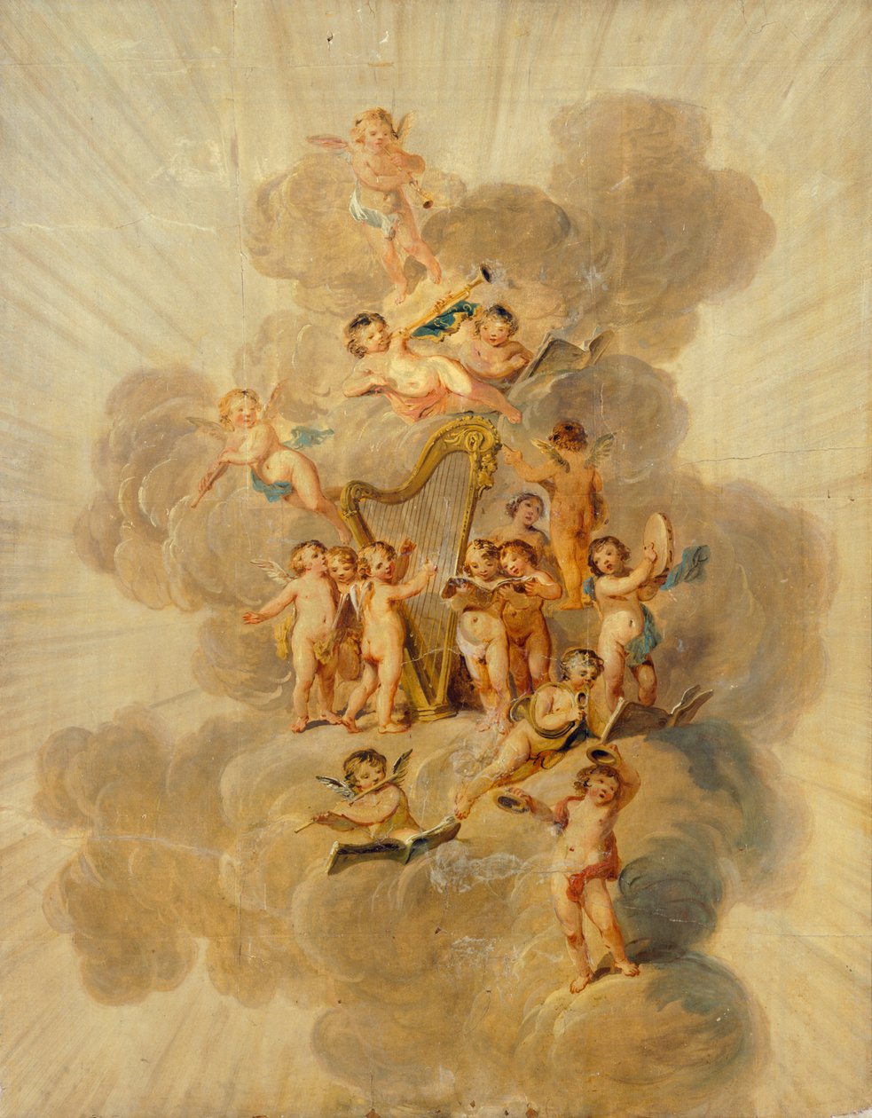 Skrzydlate aniołki z instrumentami muzycznymi, sekcja dekoracyjnego obramowania Music Room, Kenwood House, Londyn (tapeta) autorstwa Julius Caesar Ibbetson