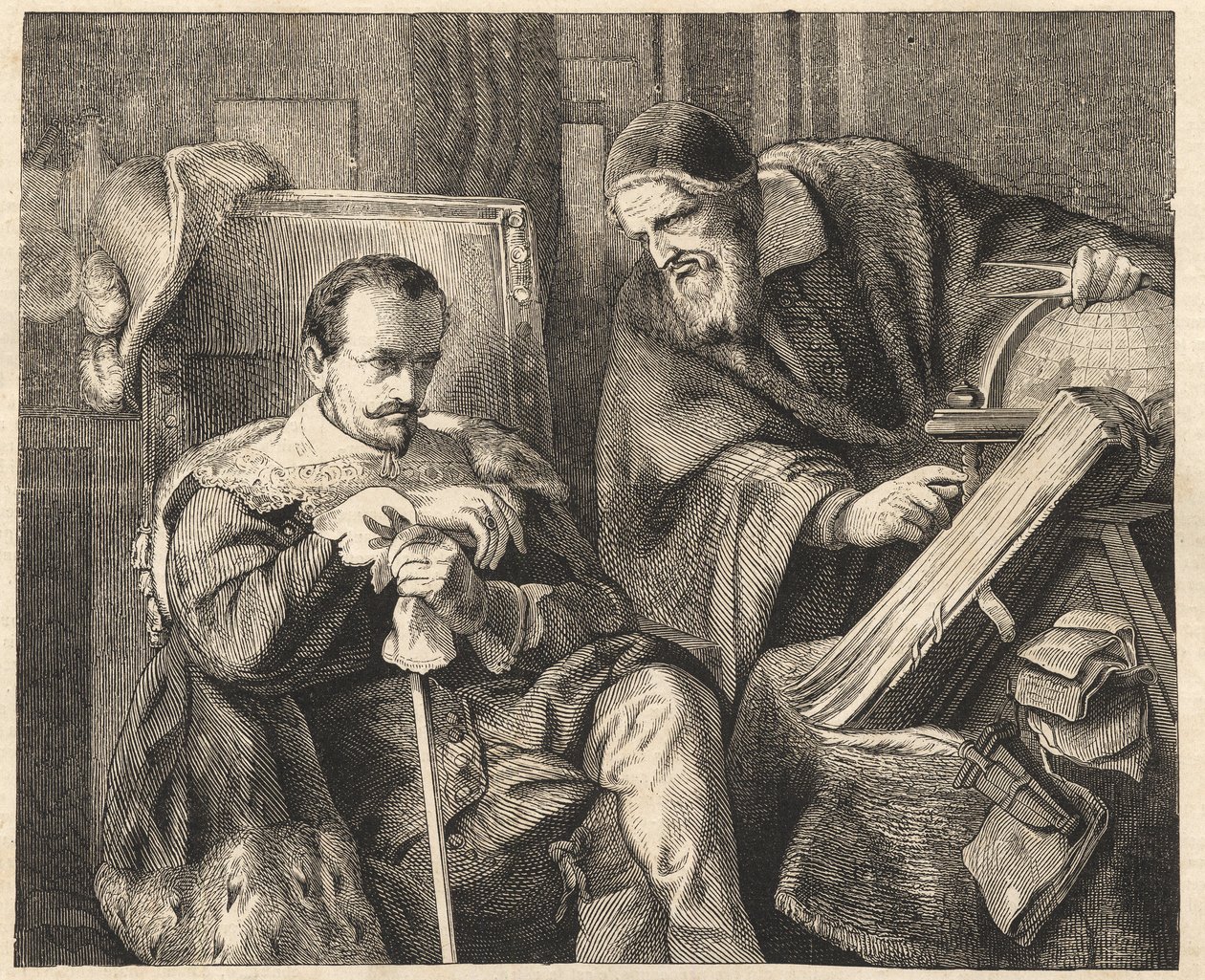 Albrecht von Wallenstein (Waldstein) (1583-1634) z astrologiem Giovanni Battista Seni (Seno, Zeno, Senno Zenno) (1600-1656) według obrazu Juliusa Schradera autorstwa Julius Friedrich Anton (after) Schrader