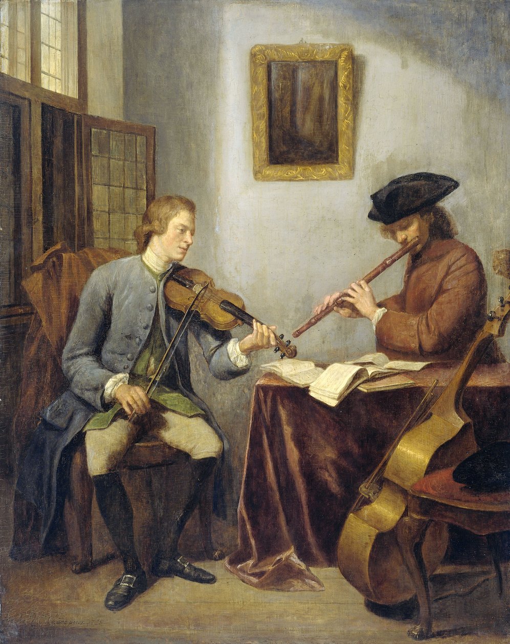 Muzycy, skrzypek i flecista wspólnie muzykujący, 1755 autorstwa Julius Henricus Quinkhard