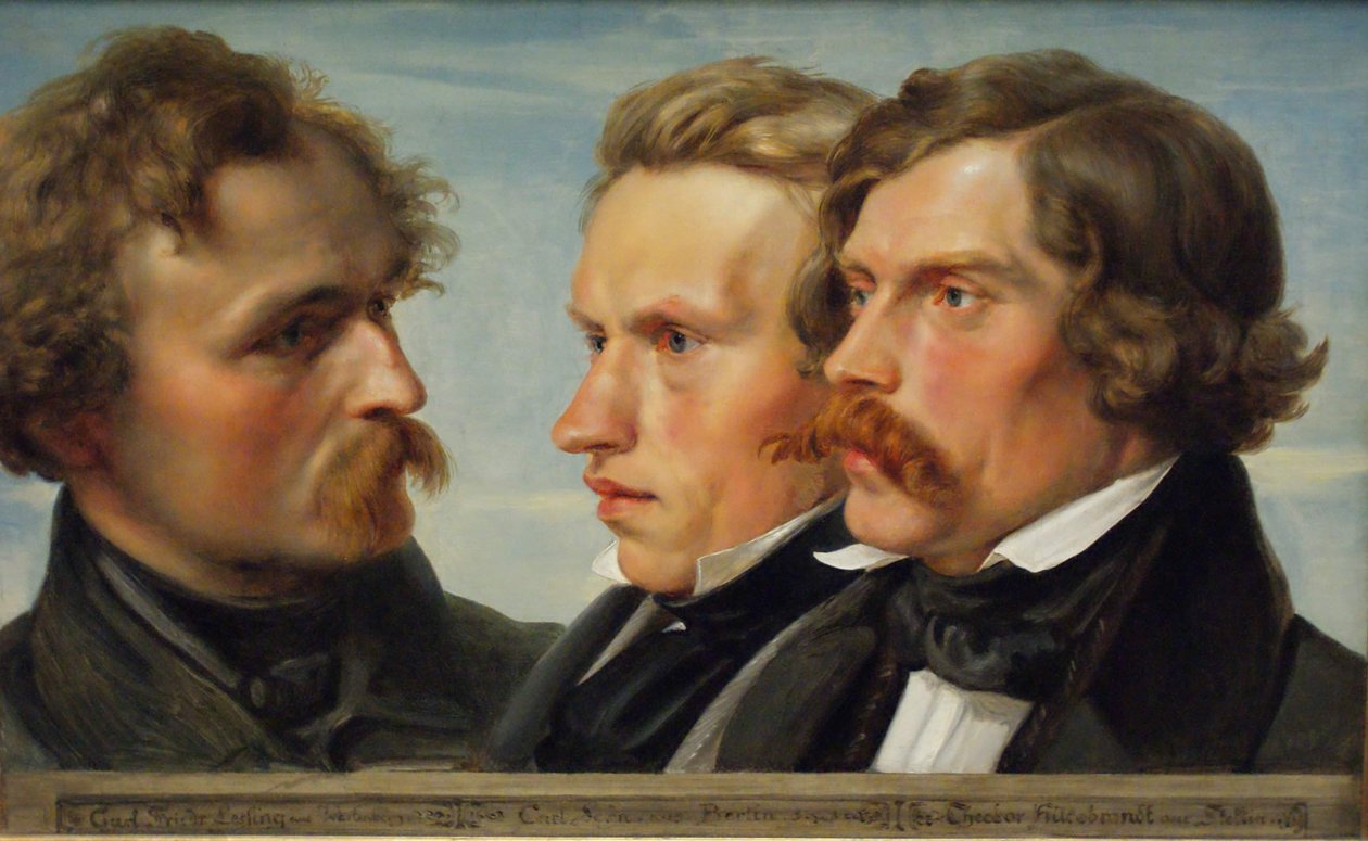 Młody Düsseldorf. Portret zbiorowy malarzy Karla Friedricha Lessinga, Carla Ferdinanda Sohna i Theodora Hildebrandta, 1839 autorstwa Julius Huebner
