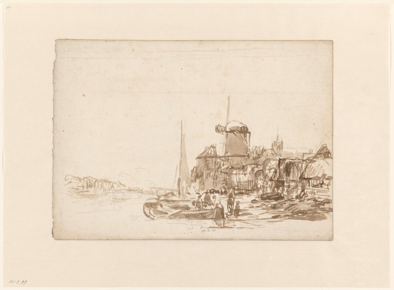 Miasto z wiatrakiem nad kanałem autorstwa Julius Jacobus van de Sande Bakhuyzen