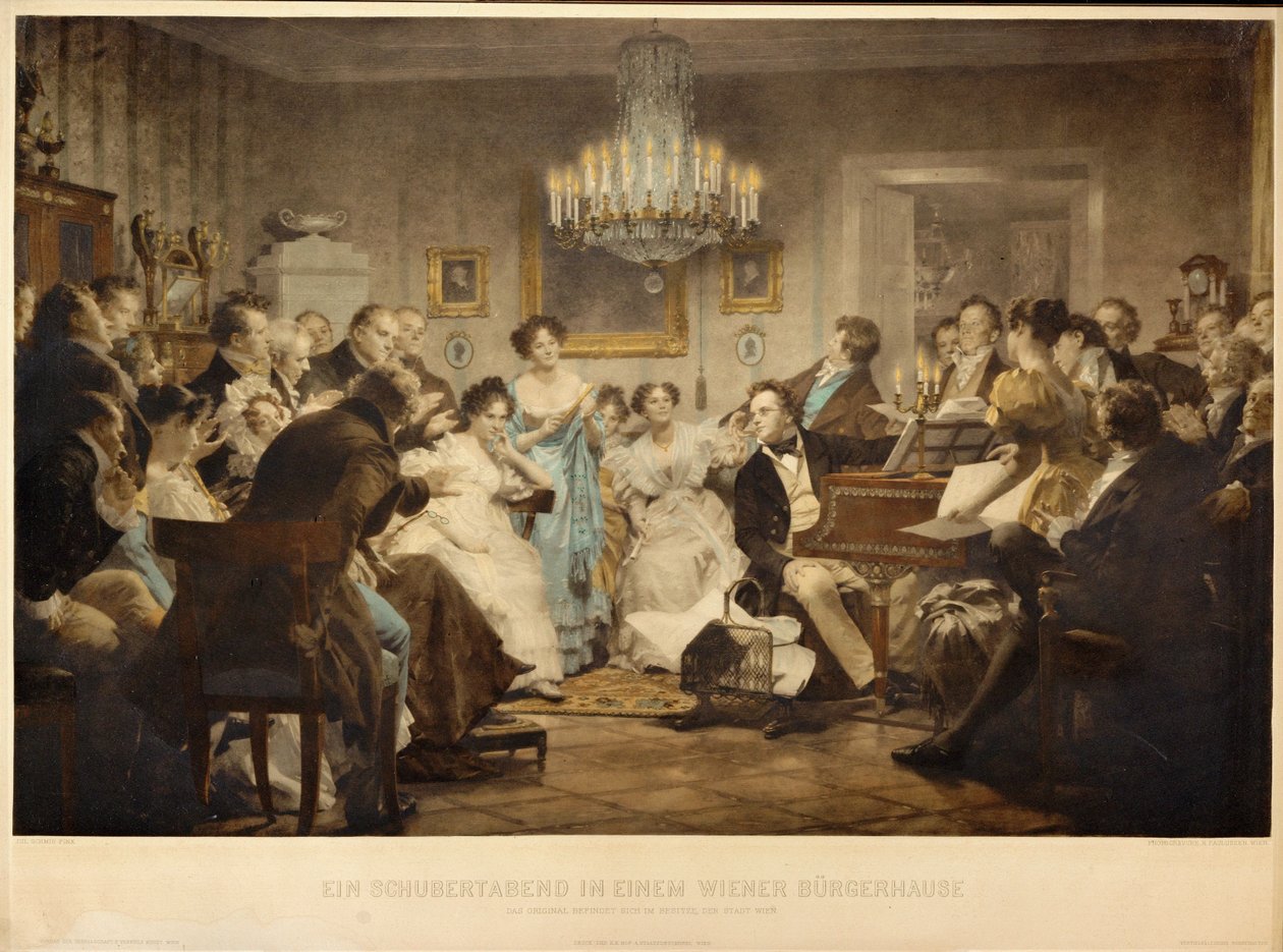 Wieczór z Schubertem w wiedeńskim salonie... (rycina) autorstwa Julius Schmid