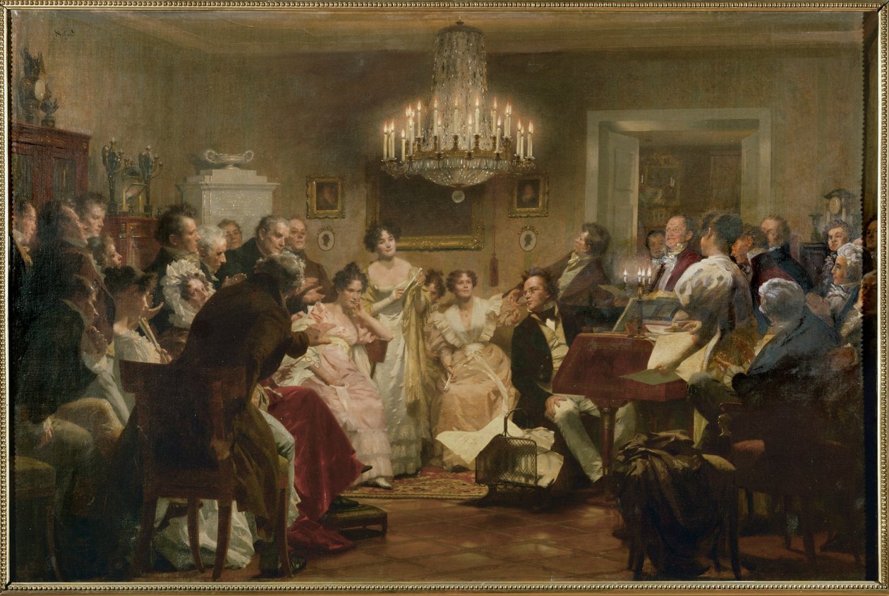 Schubert przy fortepianie podczas Wieczoru Schubertowskiego w wiedeńskim salonie... (obraz olejny) autorstwa Julius Schmid