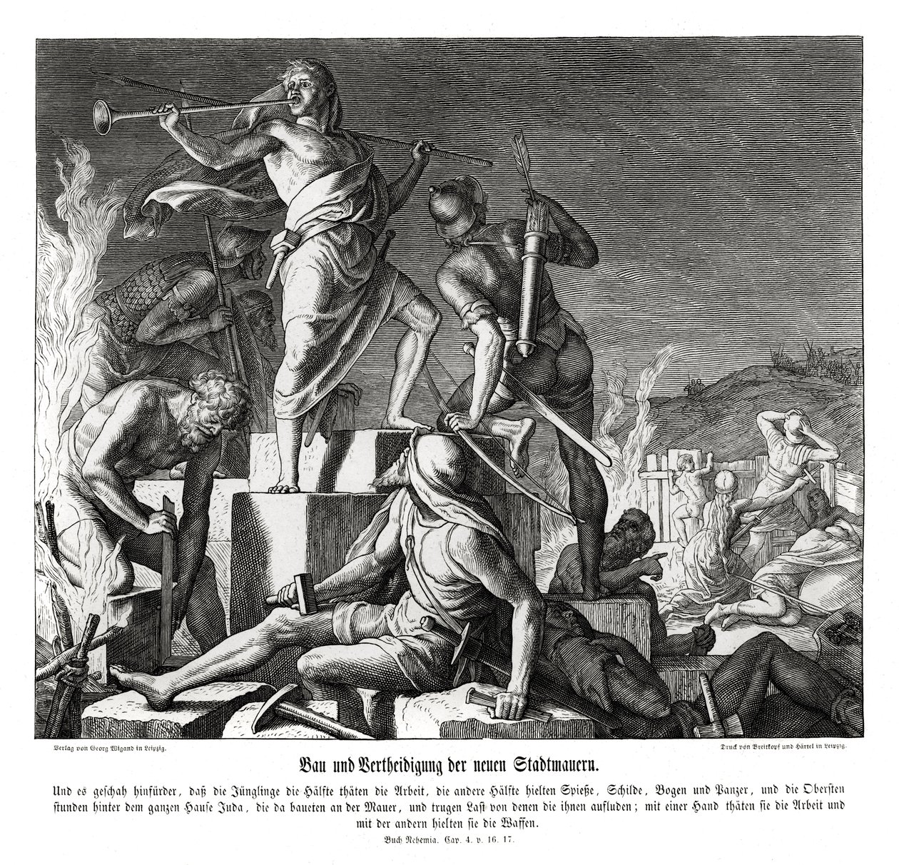 Budowa i obrona nowych murów miejskich, Nehemiasz autorstwa Julius Schnorr von Carolsfeld