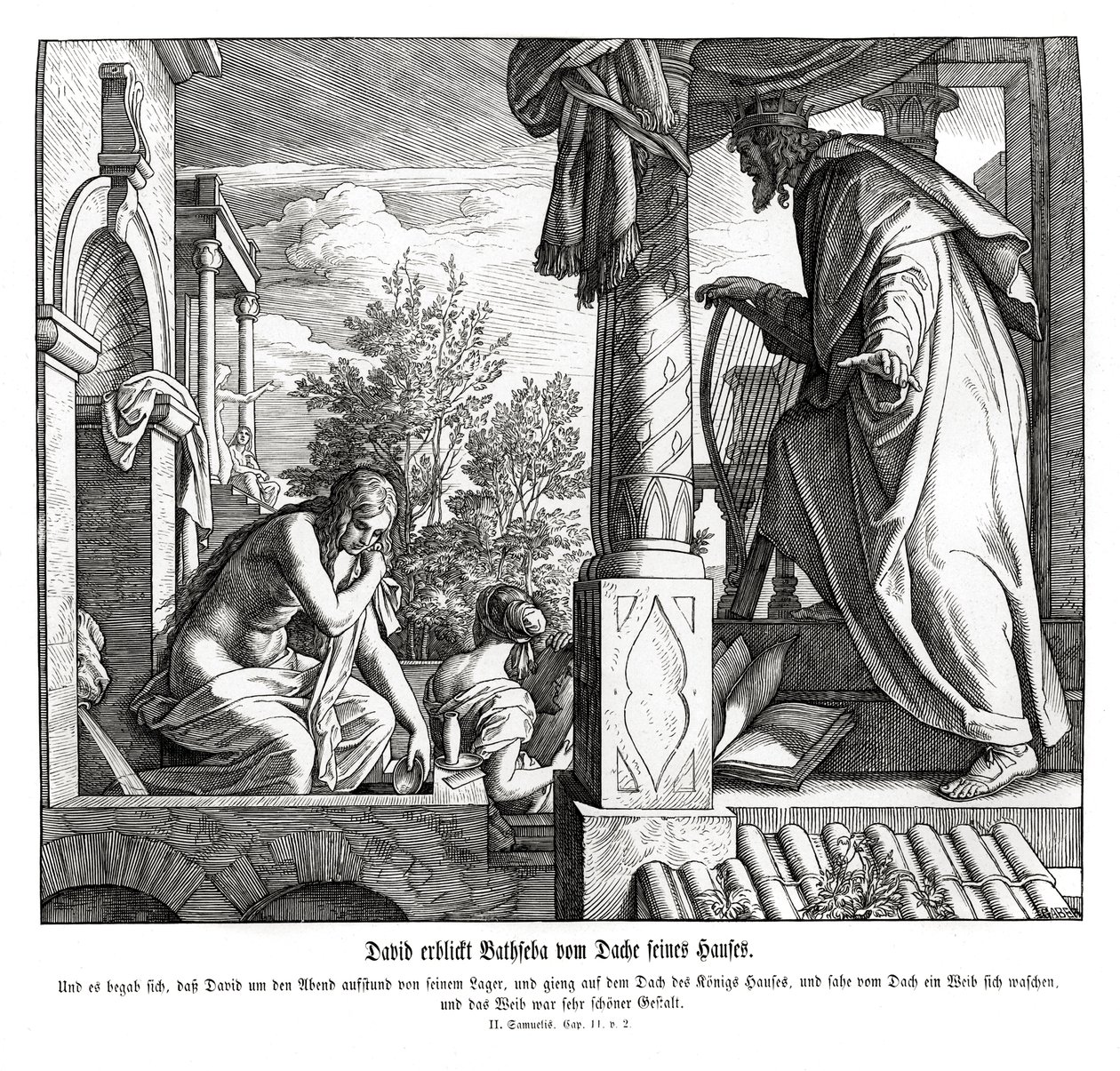 Dawid widzi Batszebę na dachu, 2 Samuela autorstwa Julius Schnorr von Carolsfeld