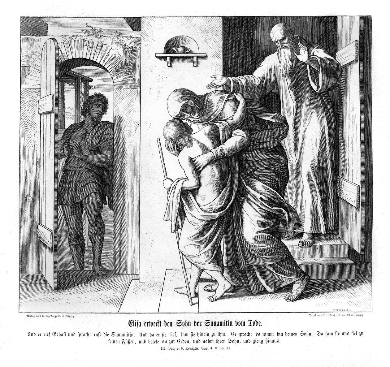 Elizeusz wskrzesza syna Szunamitki, 2 Królów autorstwa Julius Schnorr von Carolsfeld