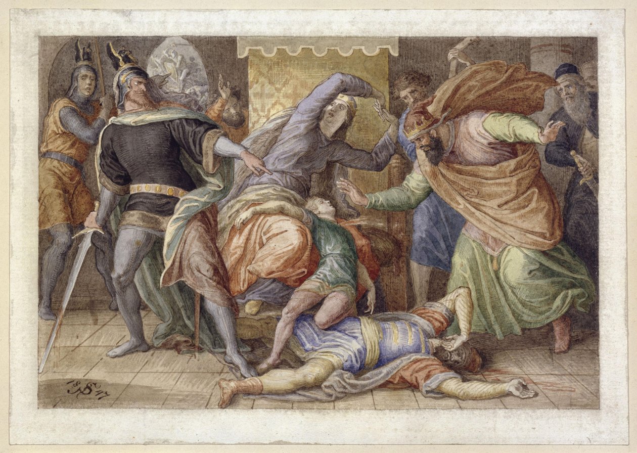 Hagen zabija Ortlieba (Umierający Ortlieb na kolanach Kriemhildy; na podstawie „Pieśni o Nibelungach”) autorstwa Julius Schnorr von Carolsfeld