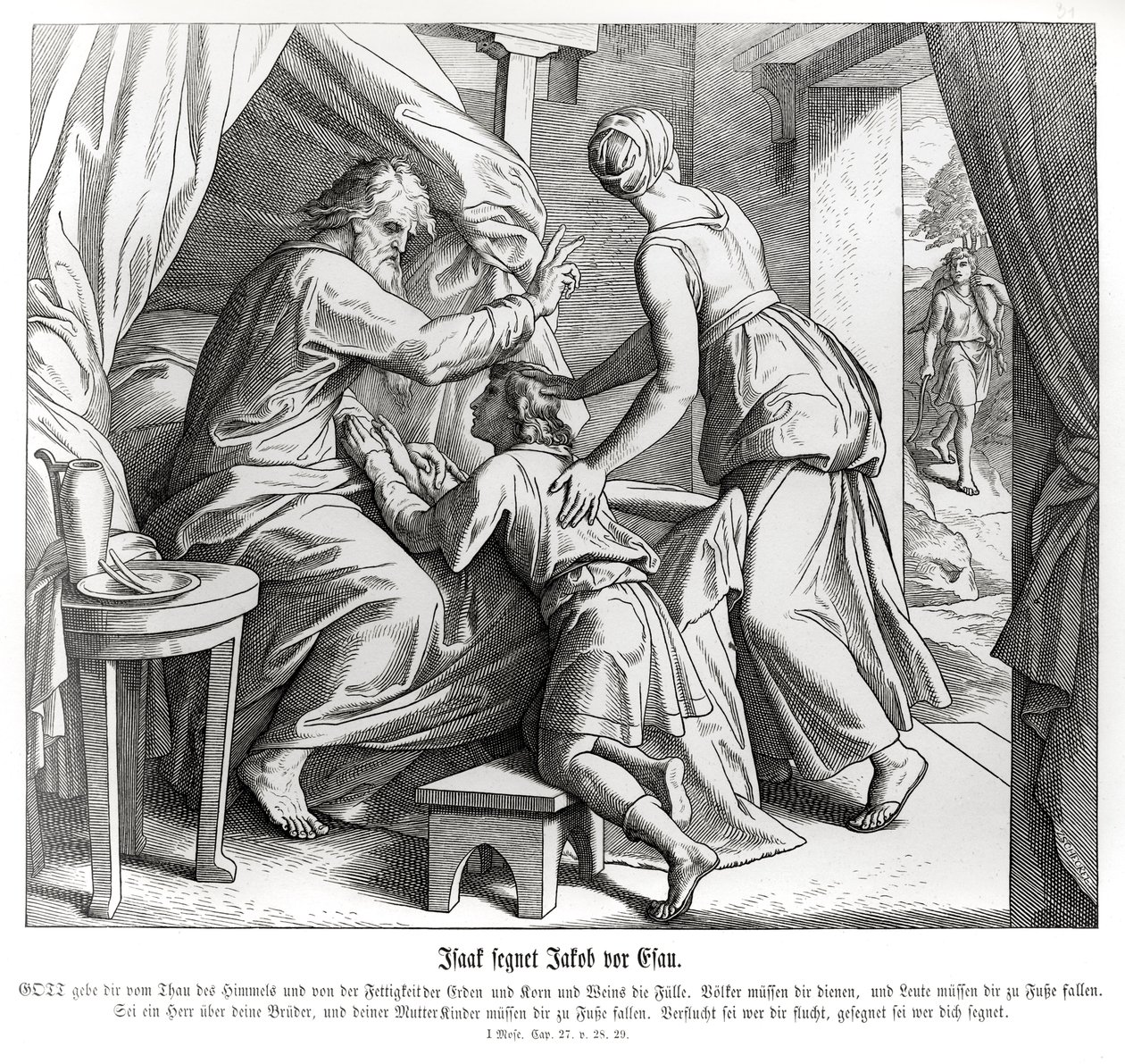 Izaak błogosławi Jakuba w miejsce Ezawa, Księga Rodzaju autorstwa Julius Schnorr von Carolsfeld