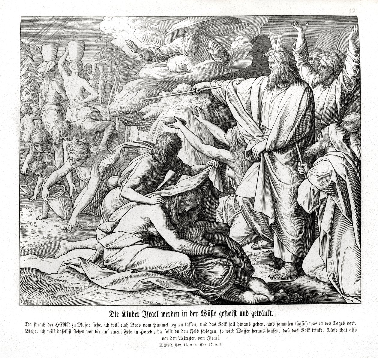 Izraelici otrzymują jedzenie na pustyni, Exodus autorstwa Julius Schnorr von Carolsfeld