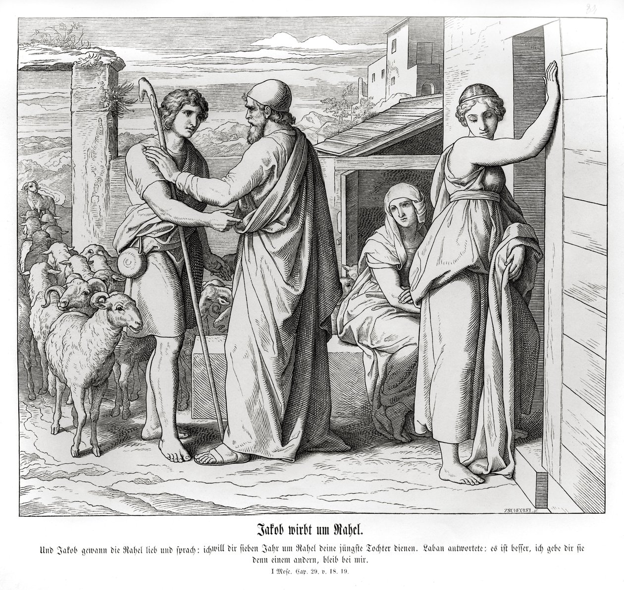 Jakub prosi Labana o Rachelę jako jego żonę, Genesis autorstwa Julius Schnorr von Carolsfeld