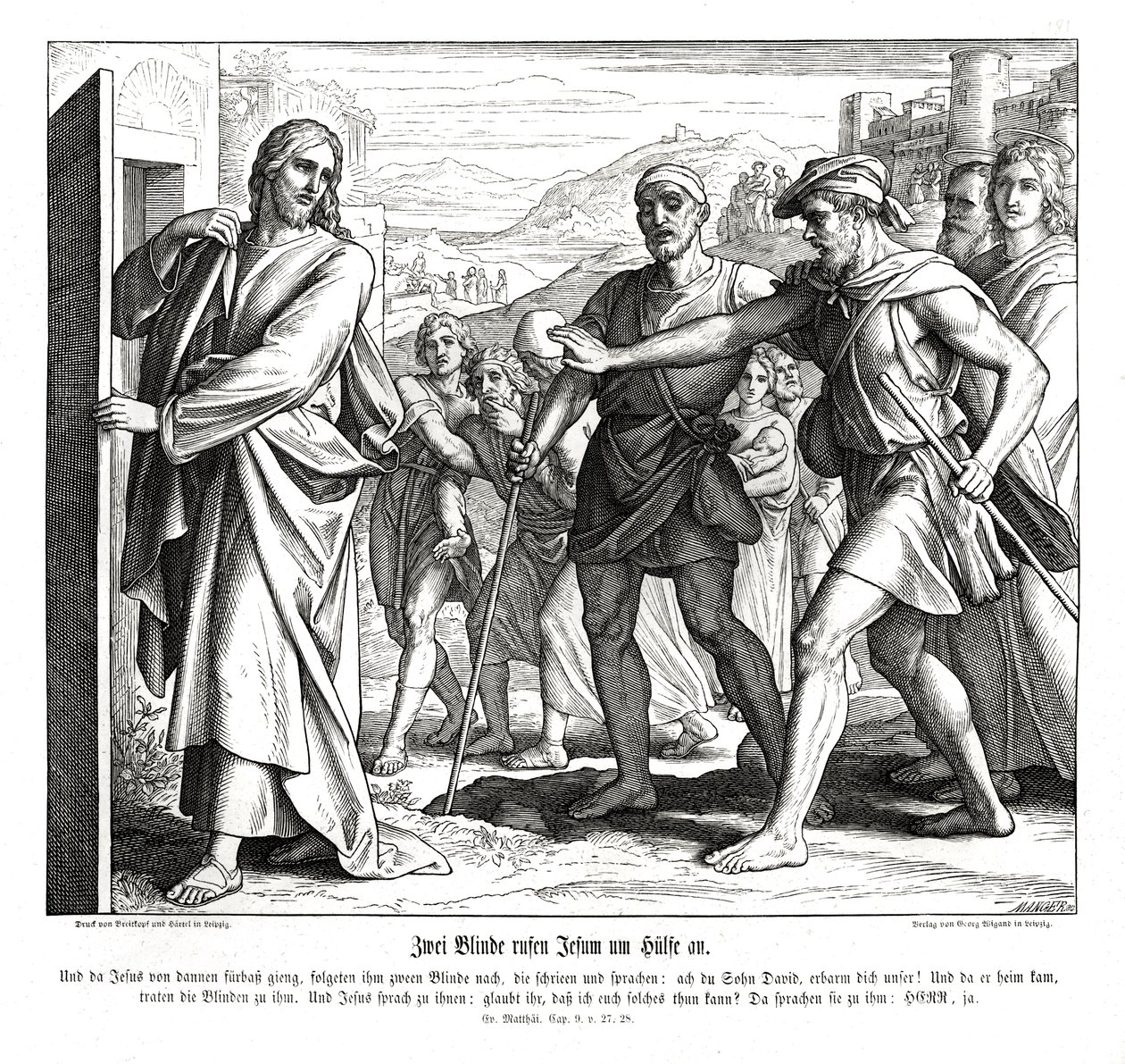 Jezus i niewidomi, Ewangelia Mateusza autorstwa Julius Schnorr von Carolsfeld