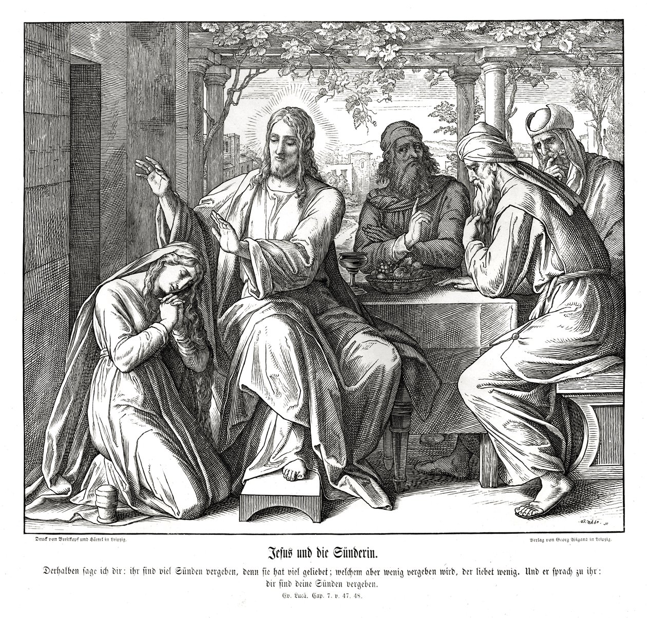 Jezus i grzeszna niewiasta, Ewangelia Łukasza autorstwa Julius Schnorr von Carolsfeld