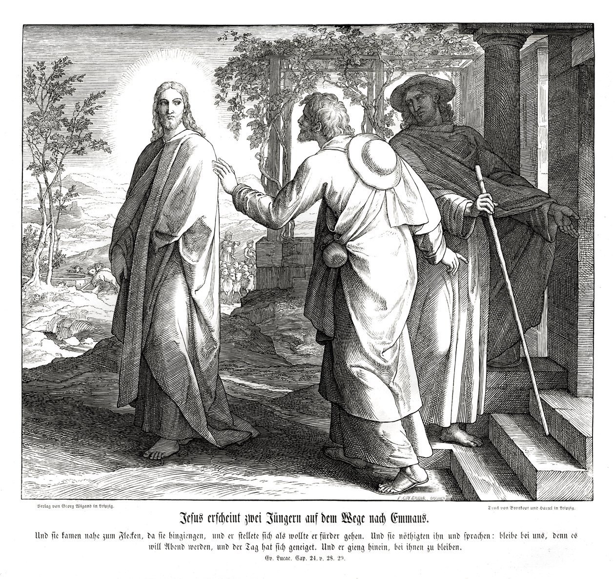 Jezus ukazuje się dwóm uczniom, Ewangelia Łukasza autorstwa Julius Schnorr von Carolsfeld