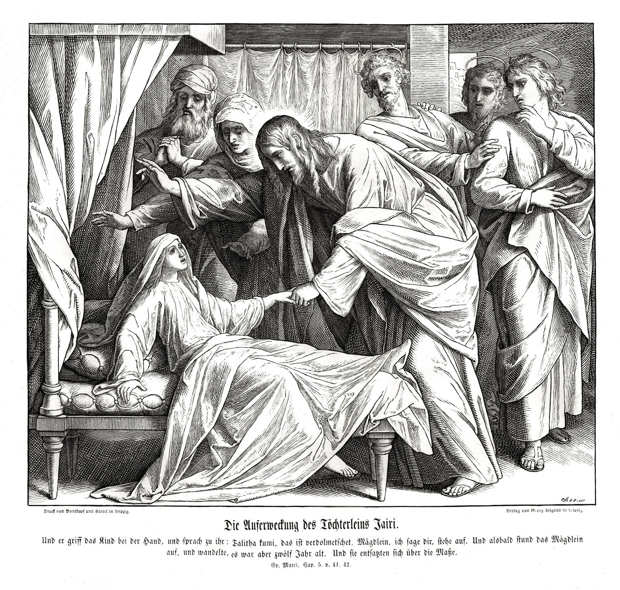 Jezus budzi małą dziewczynkę, Ewangelia Marka autorstwa Julius Schnorr von Carolsfeld