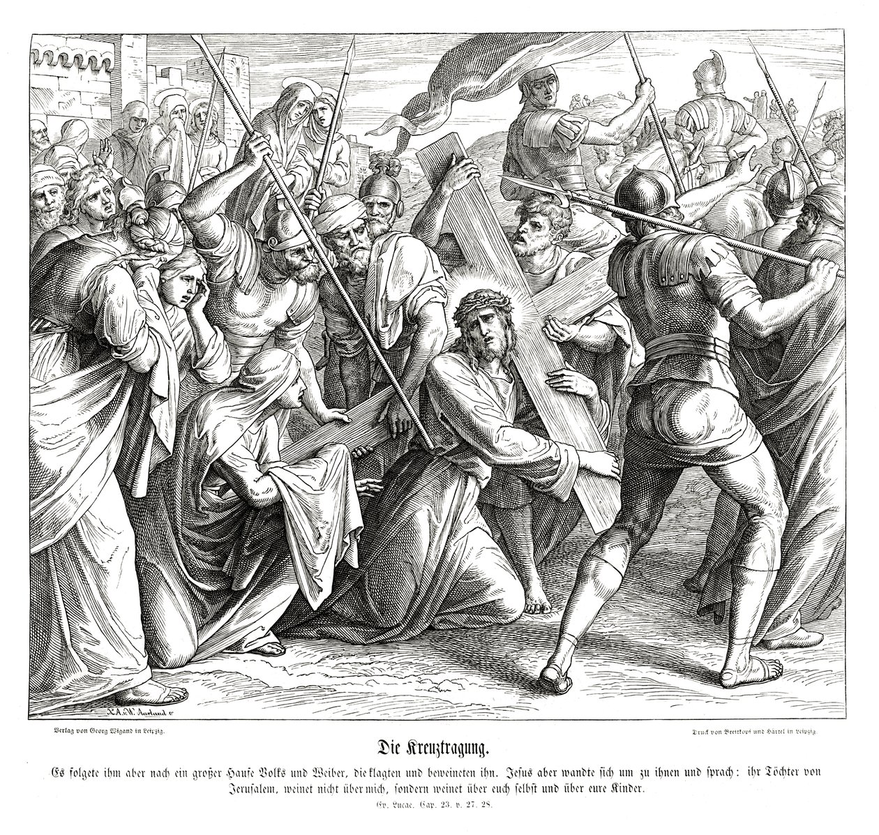 Jezus niosący krzyż, Ewangelia Łukasza autorstwa Julius Schnorr von Carolsfeld