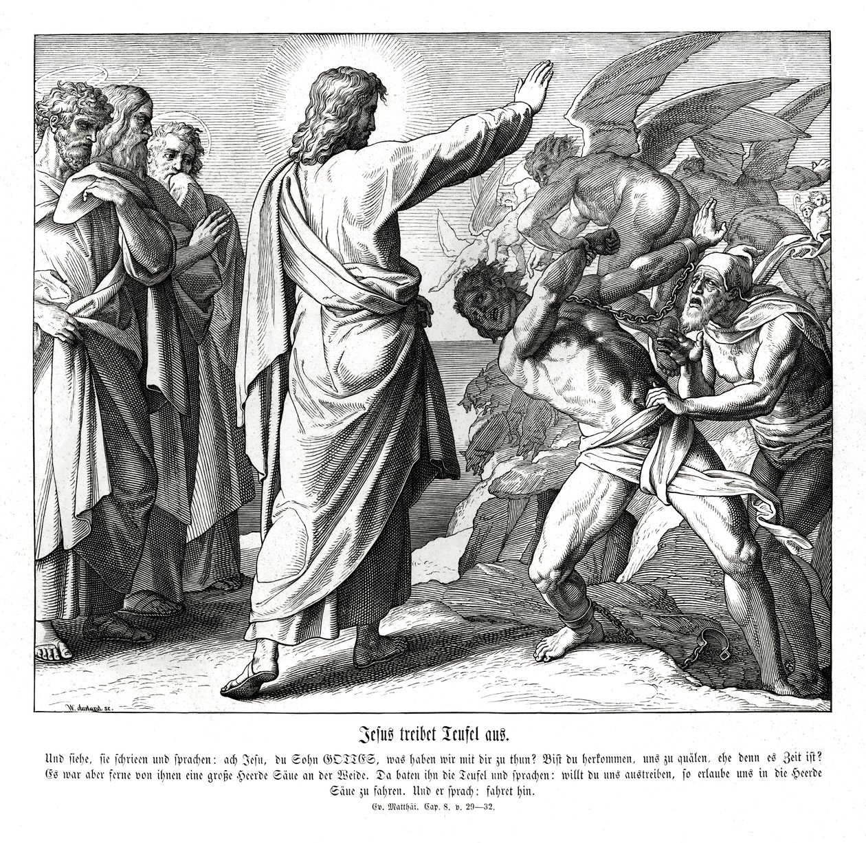 Jezus wypędza demony, Ewangelia Mateusza autorstwa Julius Schnorr von Carolsfeld