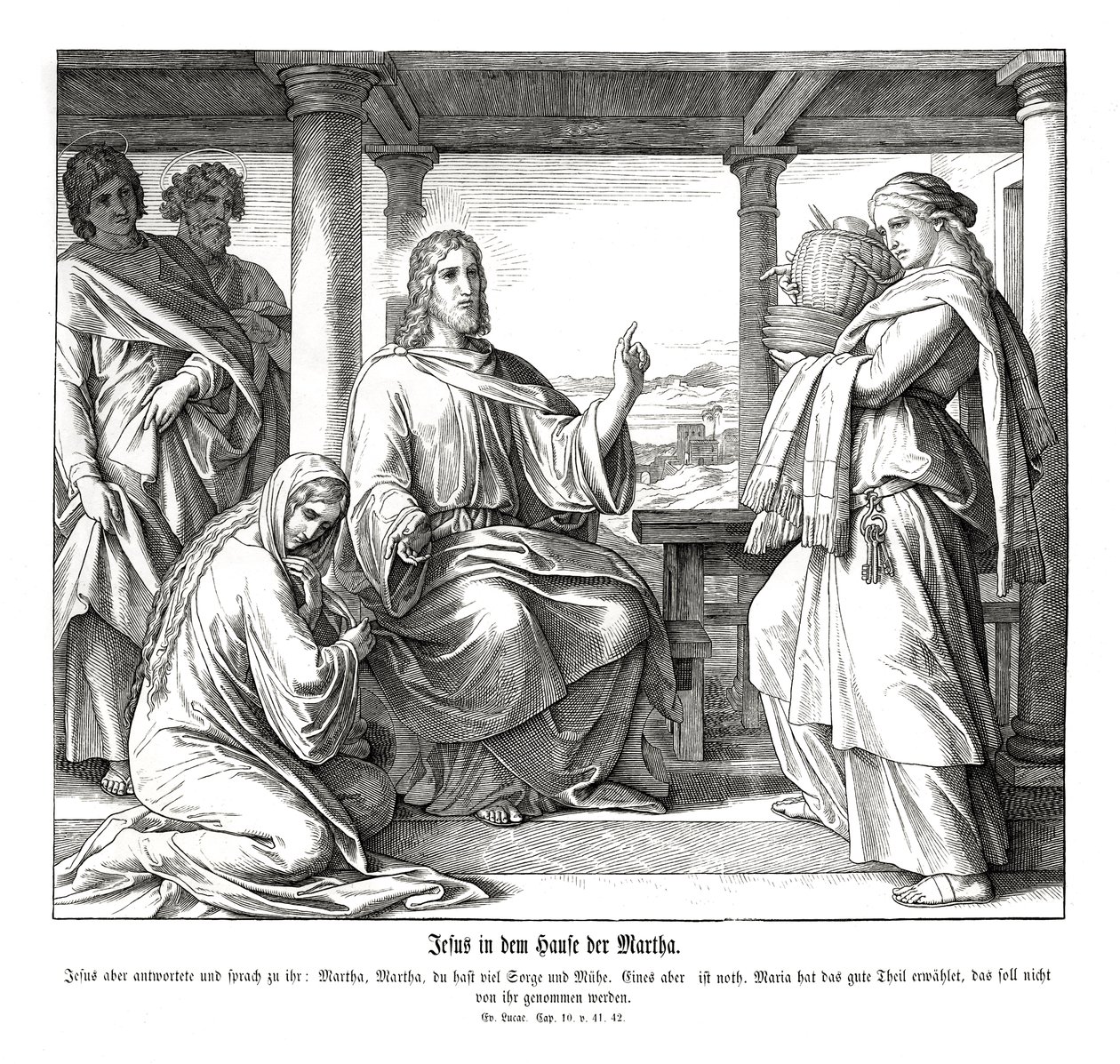 Jezus w domu Marty, Ewangelia Łukasza autorstwa Julius Schnorr von Carolsfeld