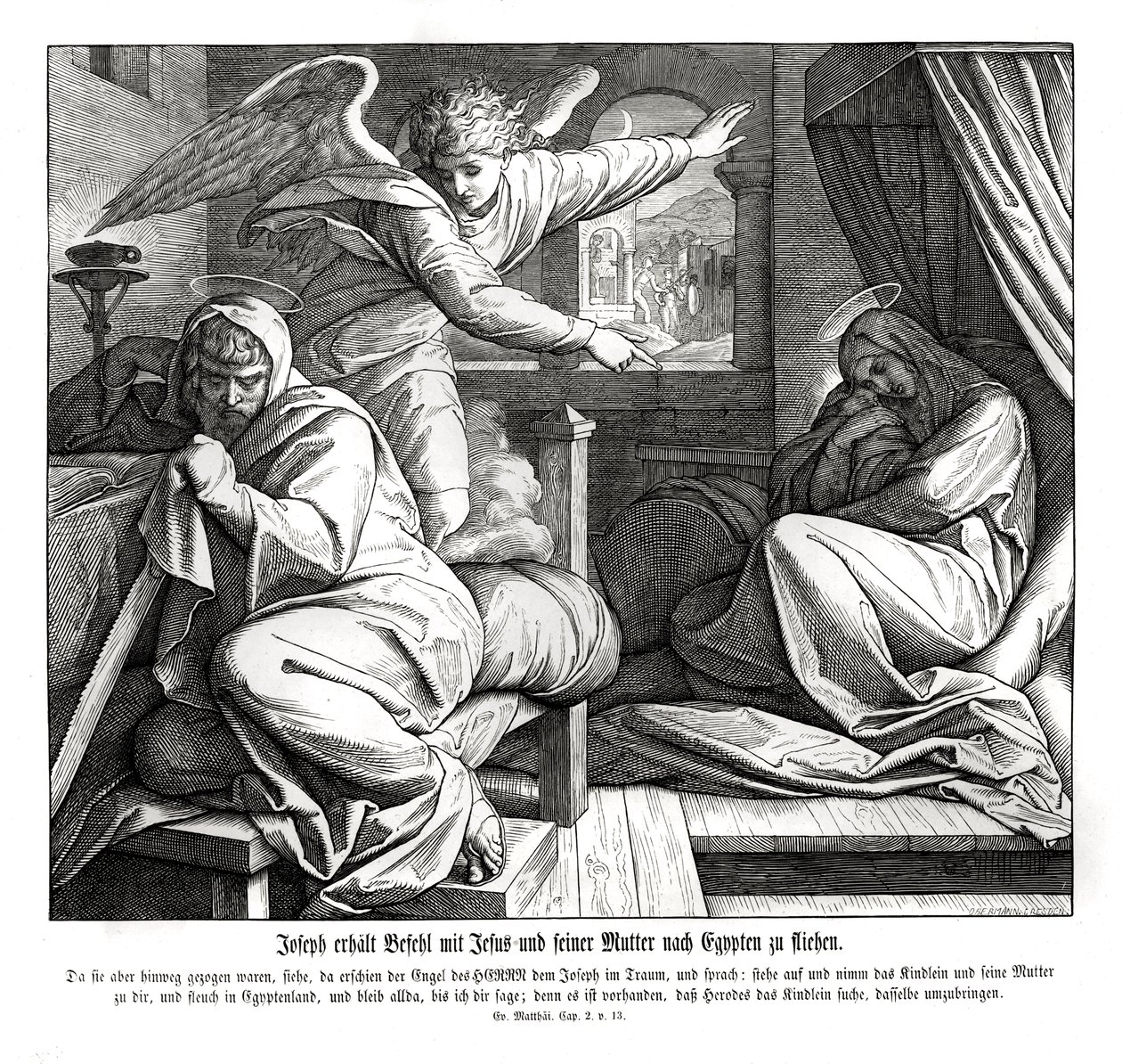 Józef zostaje ostrzeżony, by uciekał do Egiptu, Ewangelia Mateusza autorstwa Julius Schnorr von Carolsfeld