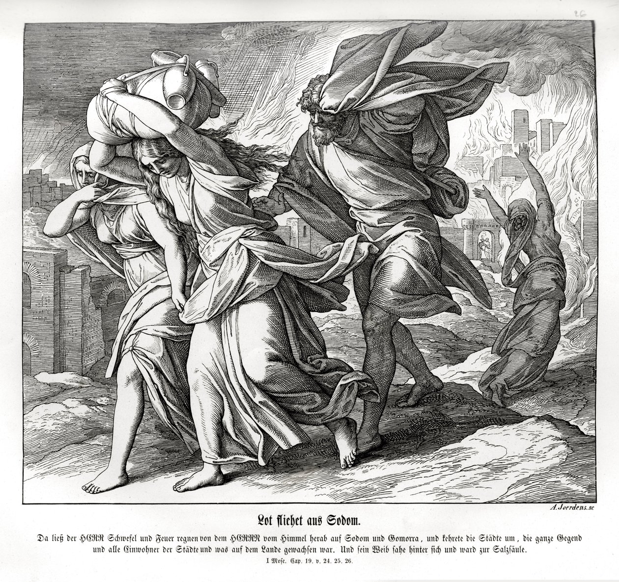 Lot i jego rodzina uciekają z Sodomy, Genesis autorstwa Julius Schnorr von Carolsfeld